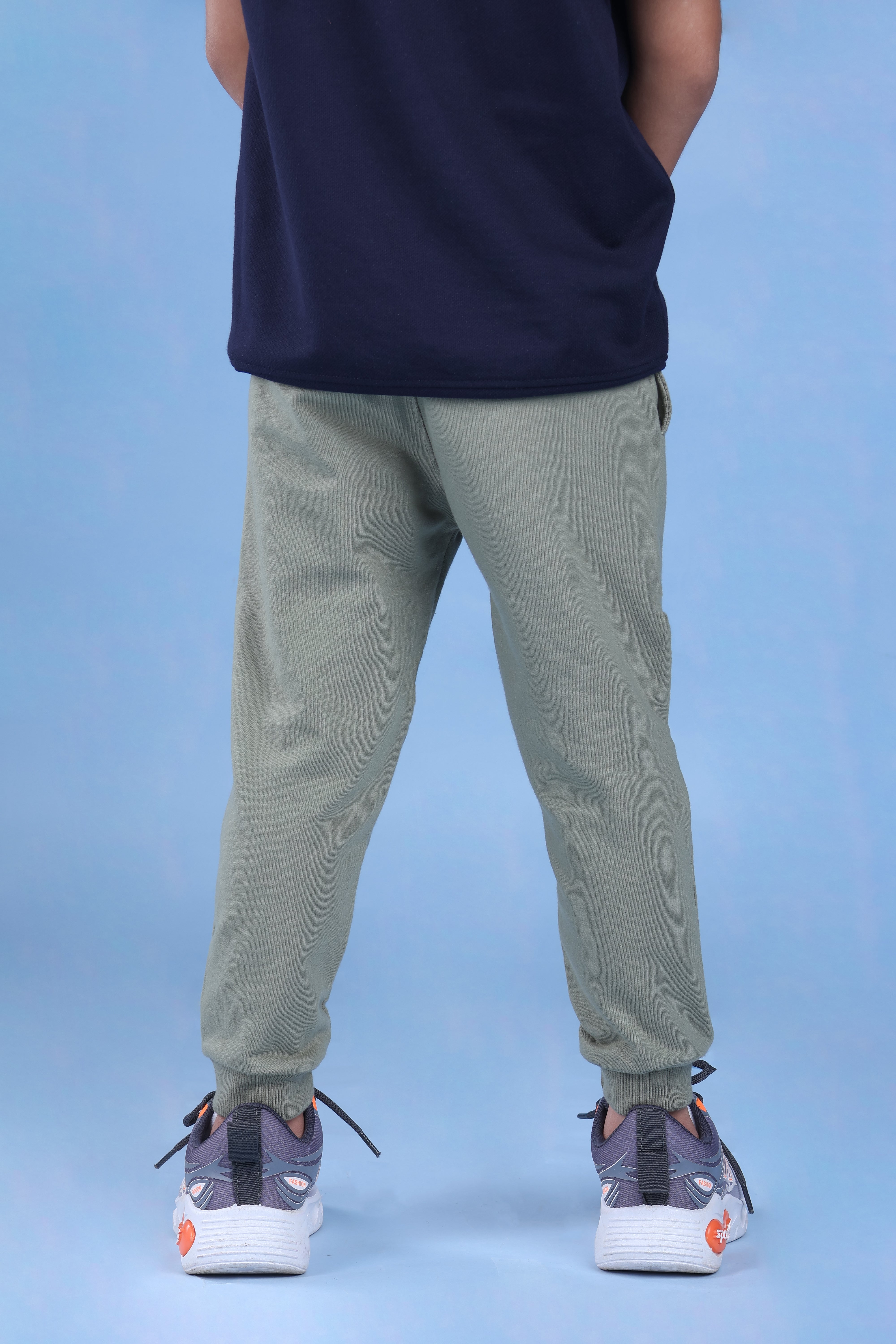 Cotton Loopknit Knee Bear Joggers With Rib And Drawstring - Green