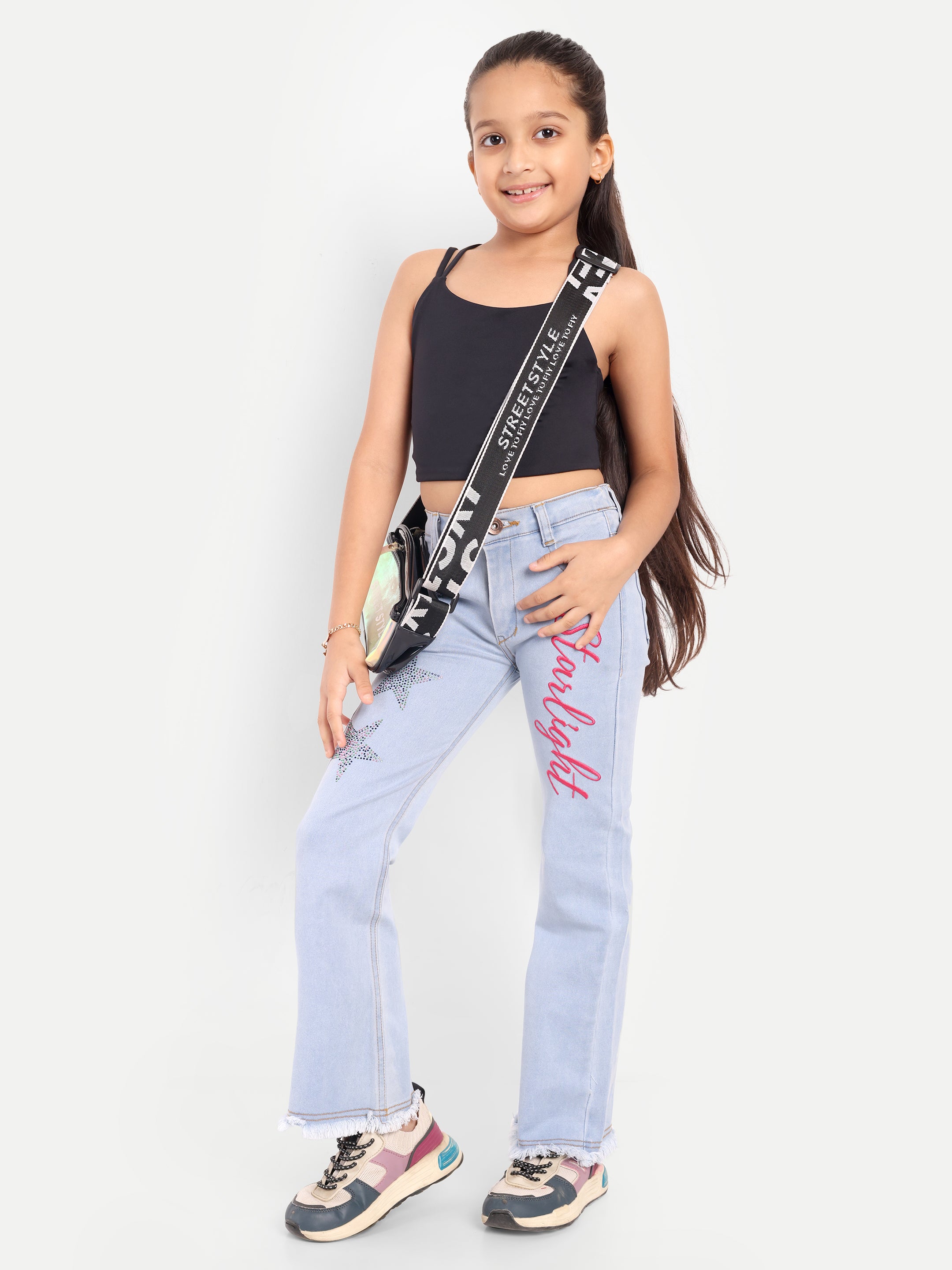 Stretchable Flared Jeans with Rhinestone Stars
