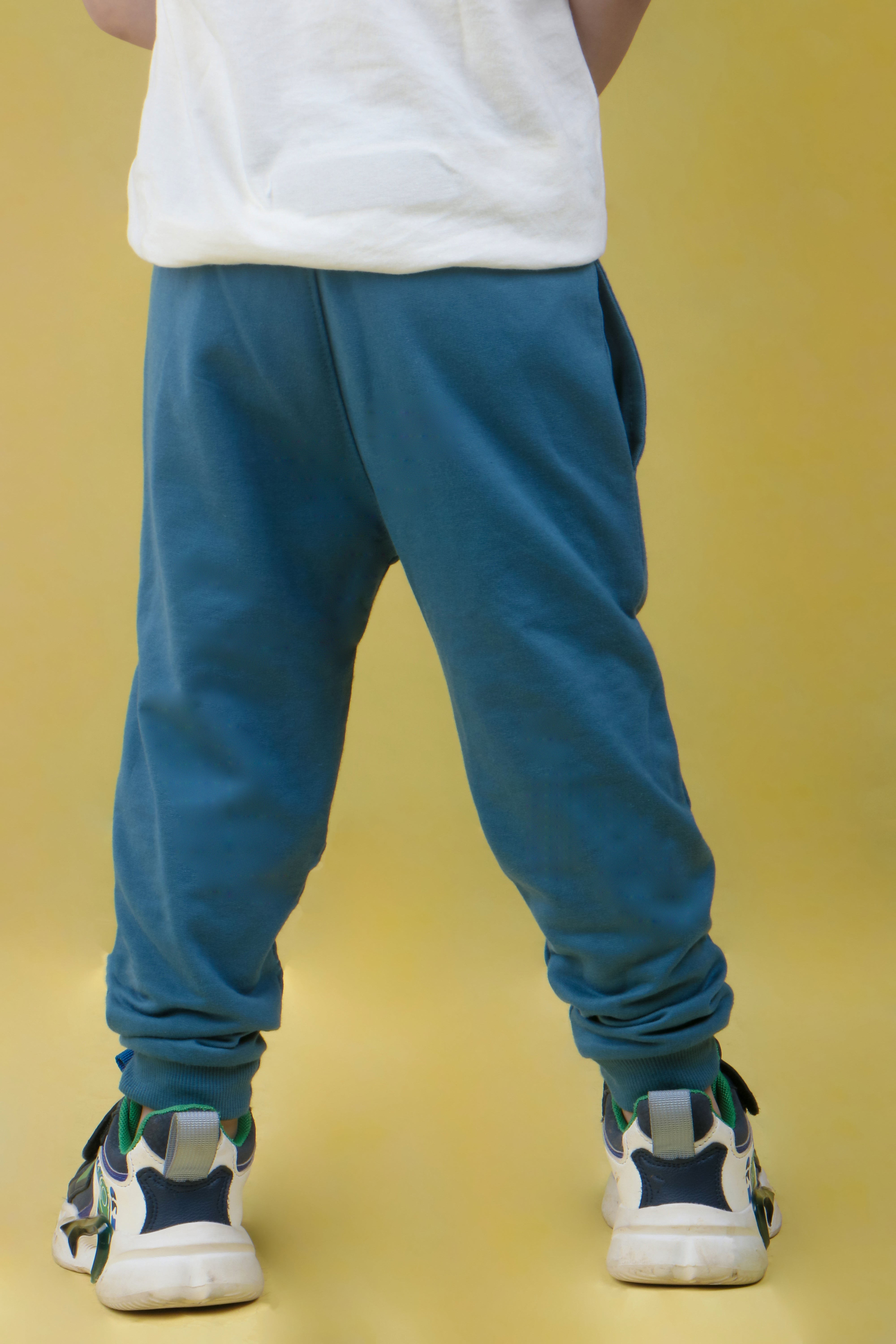 Cotton Loopknit Knee Smiley Joggers With Rib And Drawstring - Blue