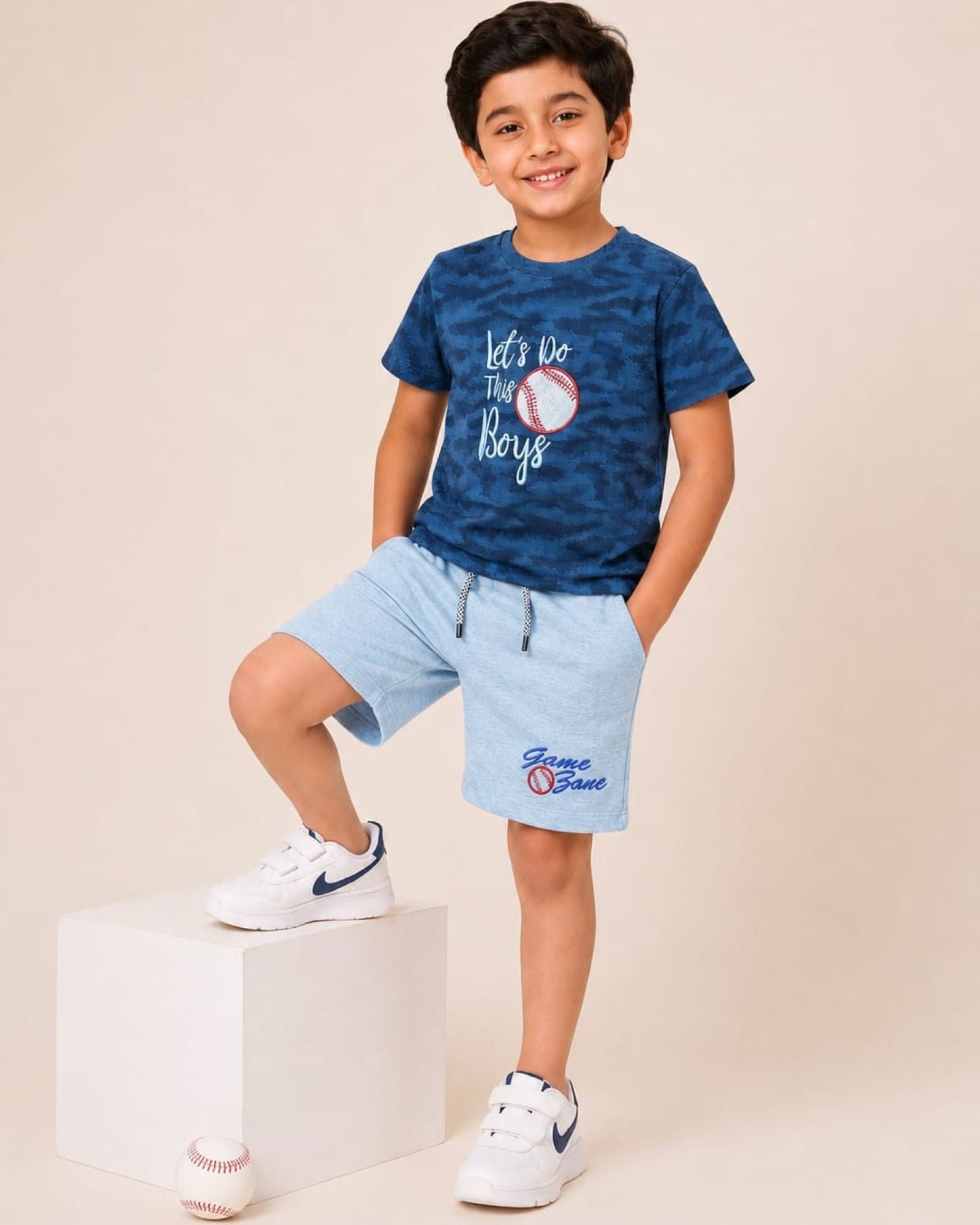 Cotton Knit Lycra Half Sleeves Embroidered Tee and Shorts Set - Navyblue and Grey