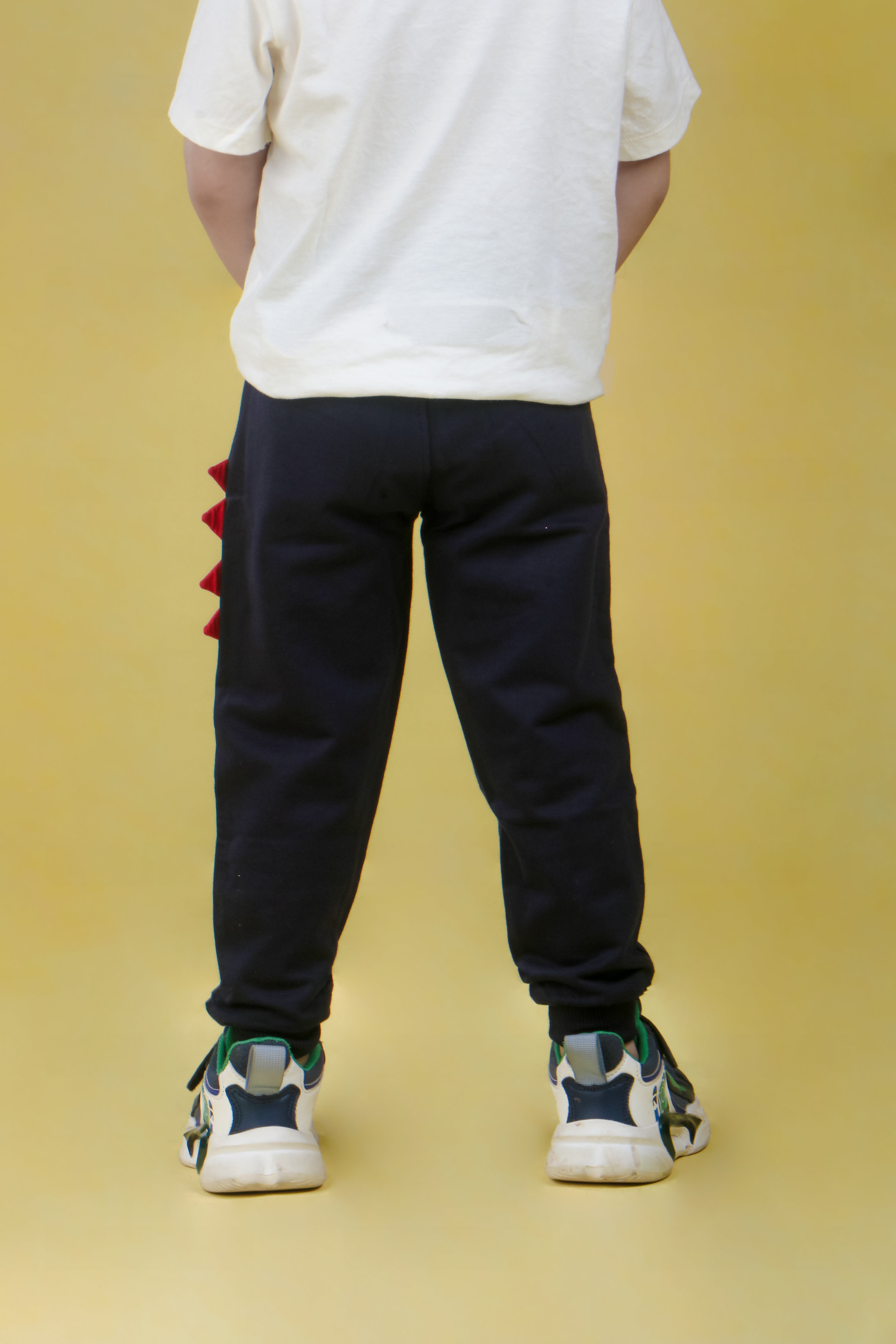 Cotton Loopknit Dino Printed Joggers With Rib And Drawstring - Navy