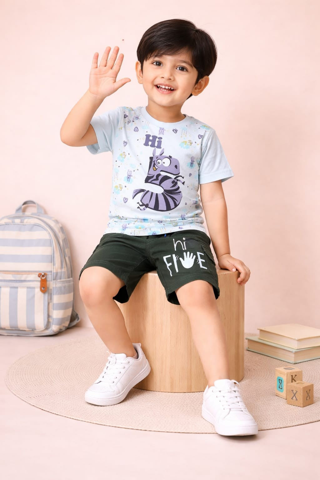 Cotton Lycra Knit Half Sleeves Printed Tee & Woven Cargo Shorts Set - Off White & Green