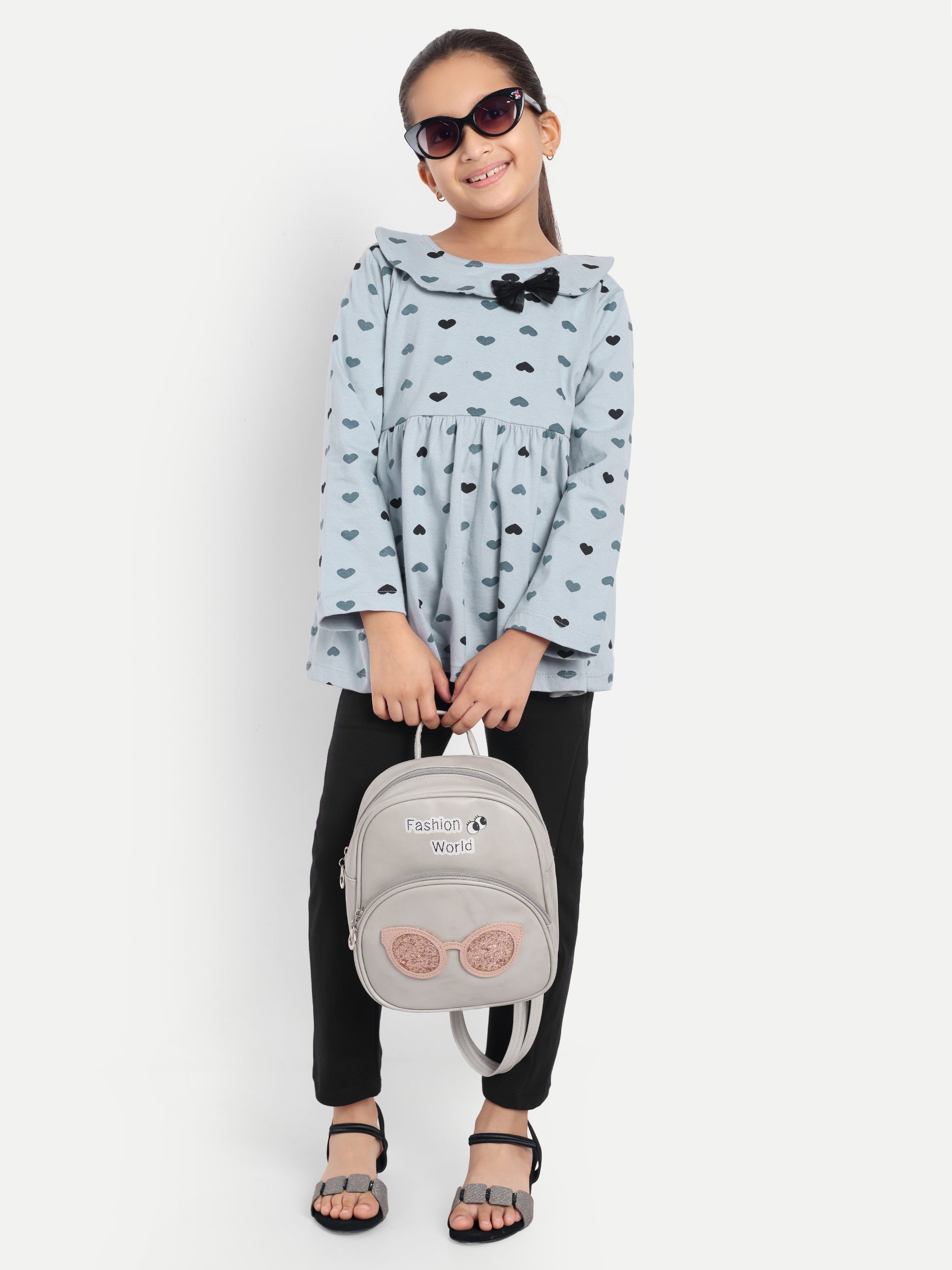 Cotton Knit Full Sleeves Heart Printed Top with Bow and Lounge Pant