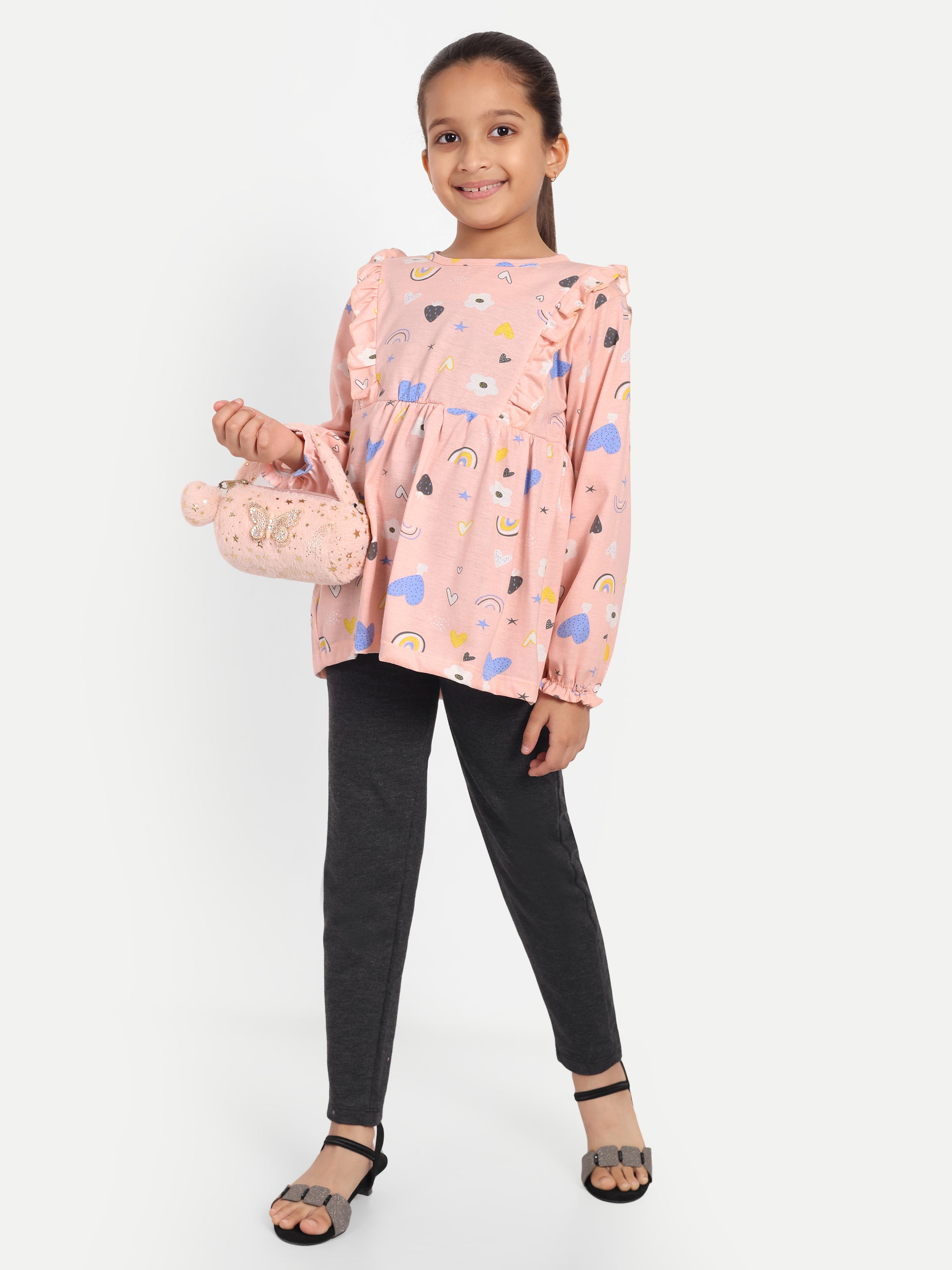 Cotton Knit Full Sleeves Rainbow Printed Peplum Top and Lounge Pant