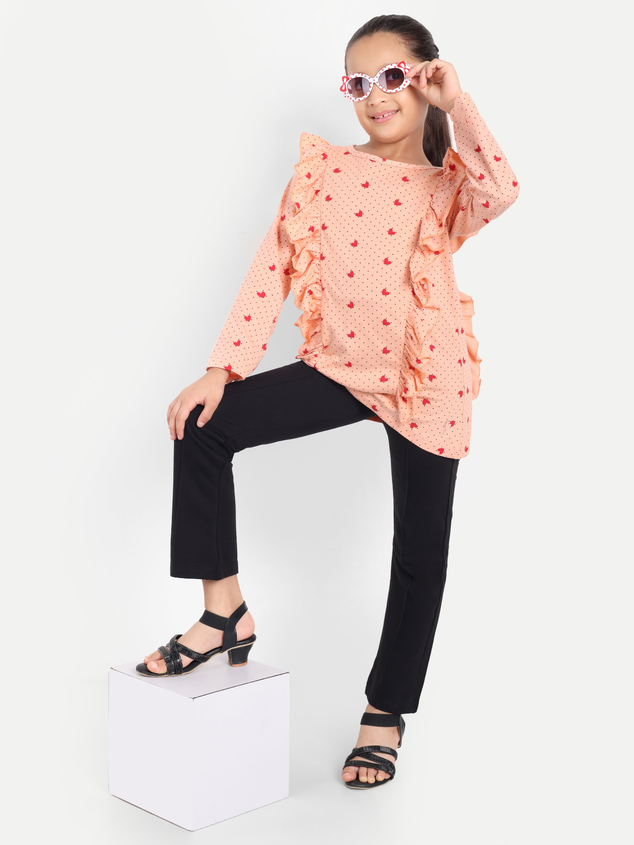 Cotton Knit Full Sleeves Hearts Printed Ruffle Top and Lounge Pant