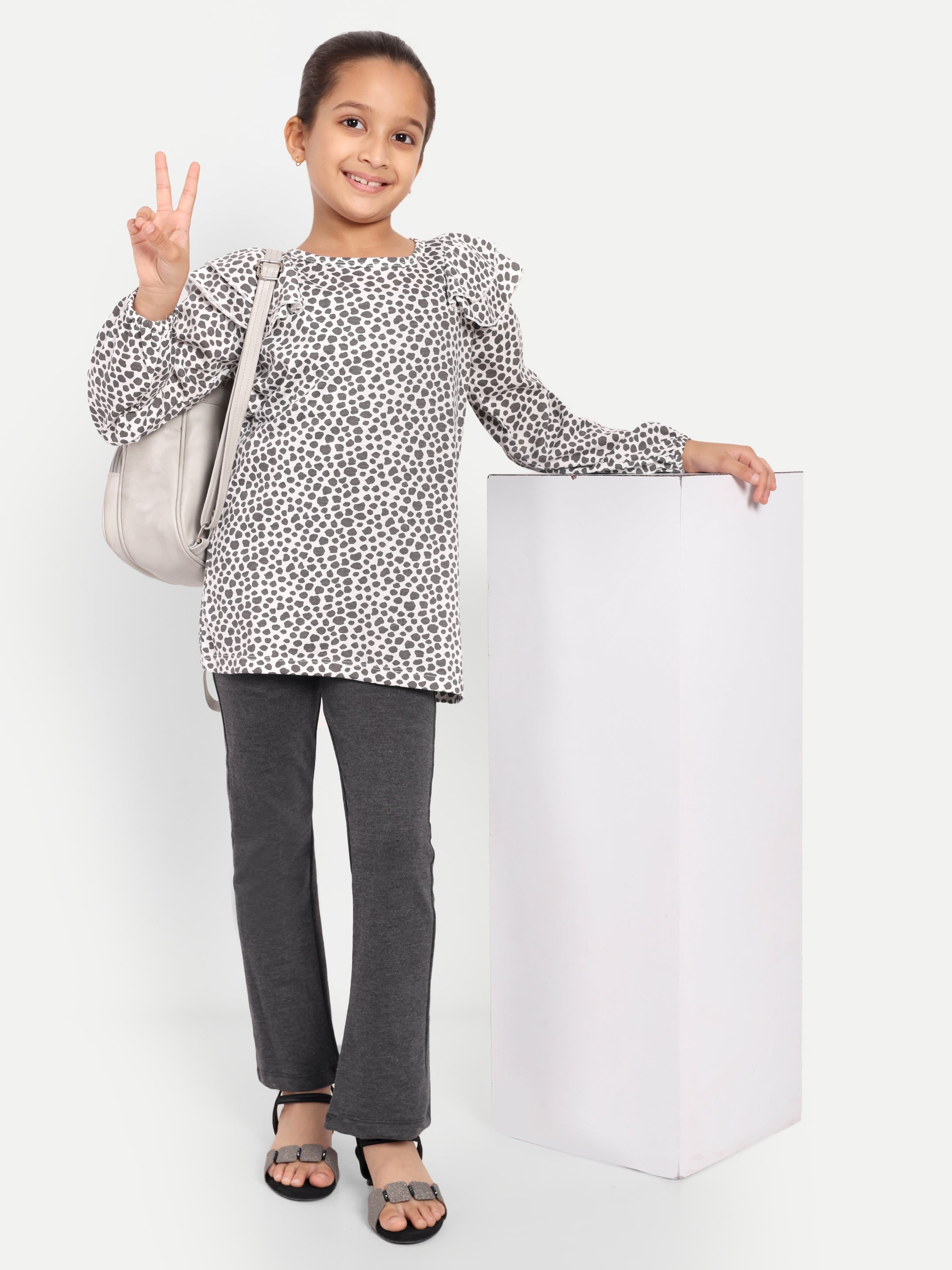 Cotton Knit Full Sleeves Polka Printed Top with Frills and Lounge Pant