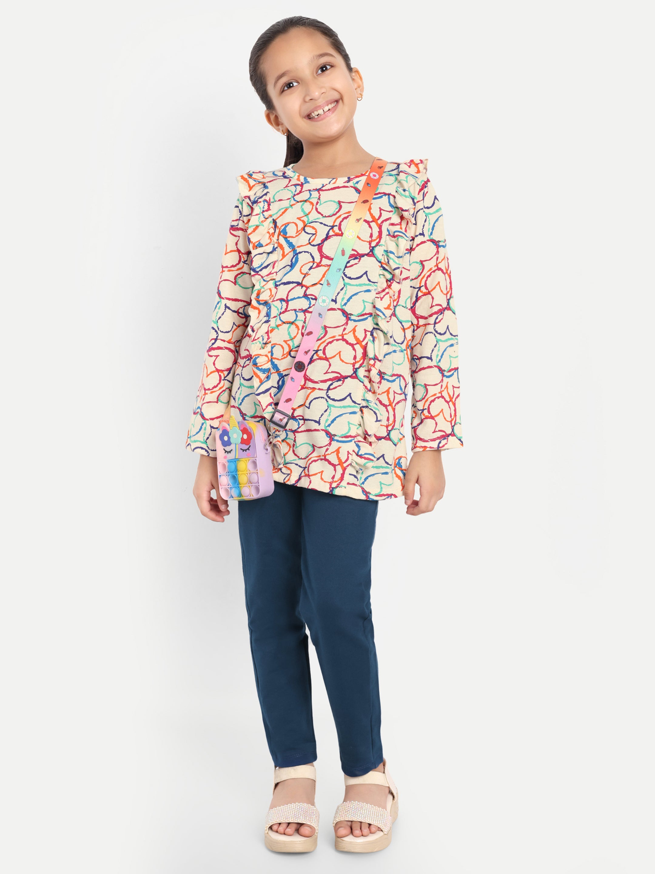 Cotton Knit Full Sleeves Multicolor Hearts Printed Top and Lounge Pant