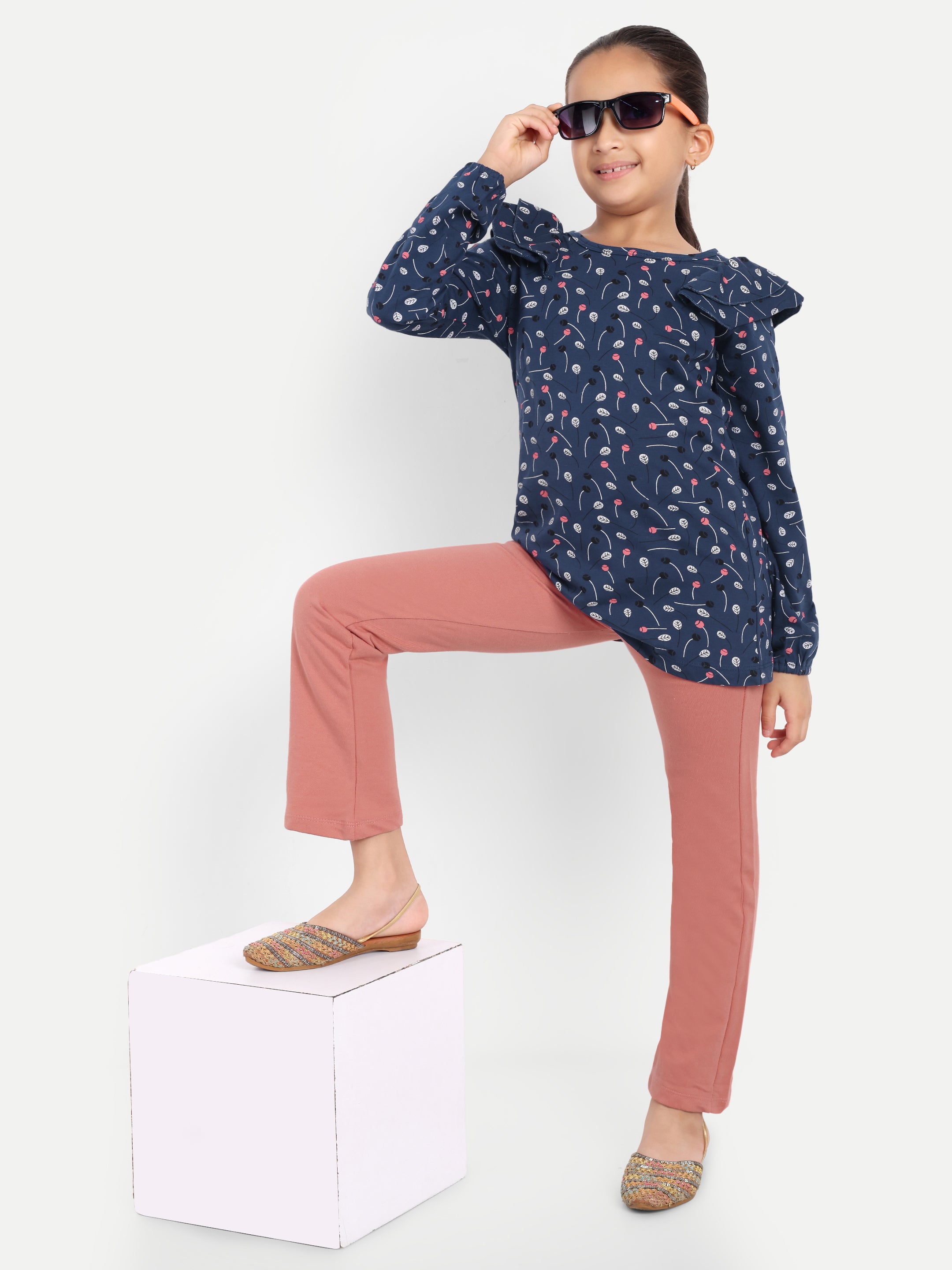 Cotton Knit Full Sleeves Floral Printed Frill Top and Lounge Pant