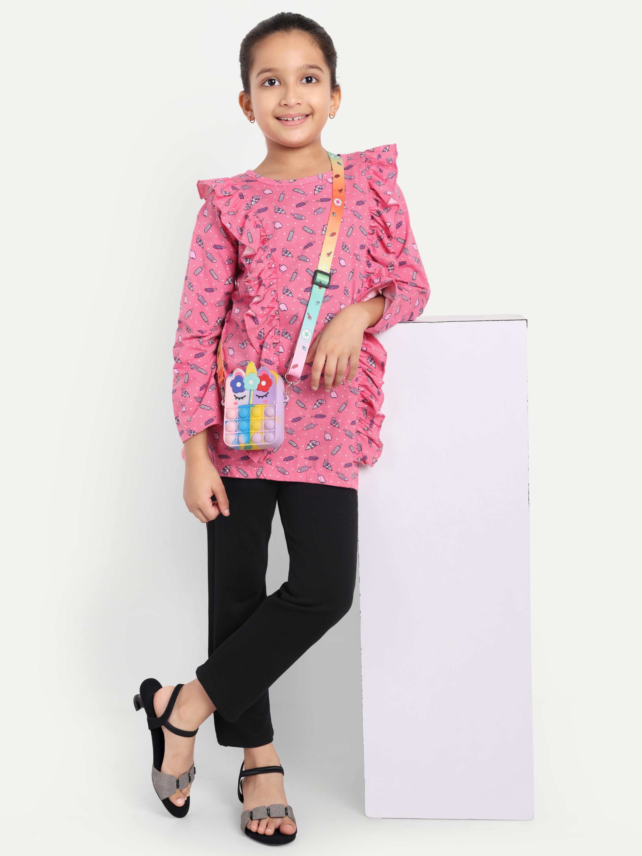 Cotton Knit Full Sleeves Icecream Printed Top with Frills and Lounge Pant