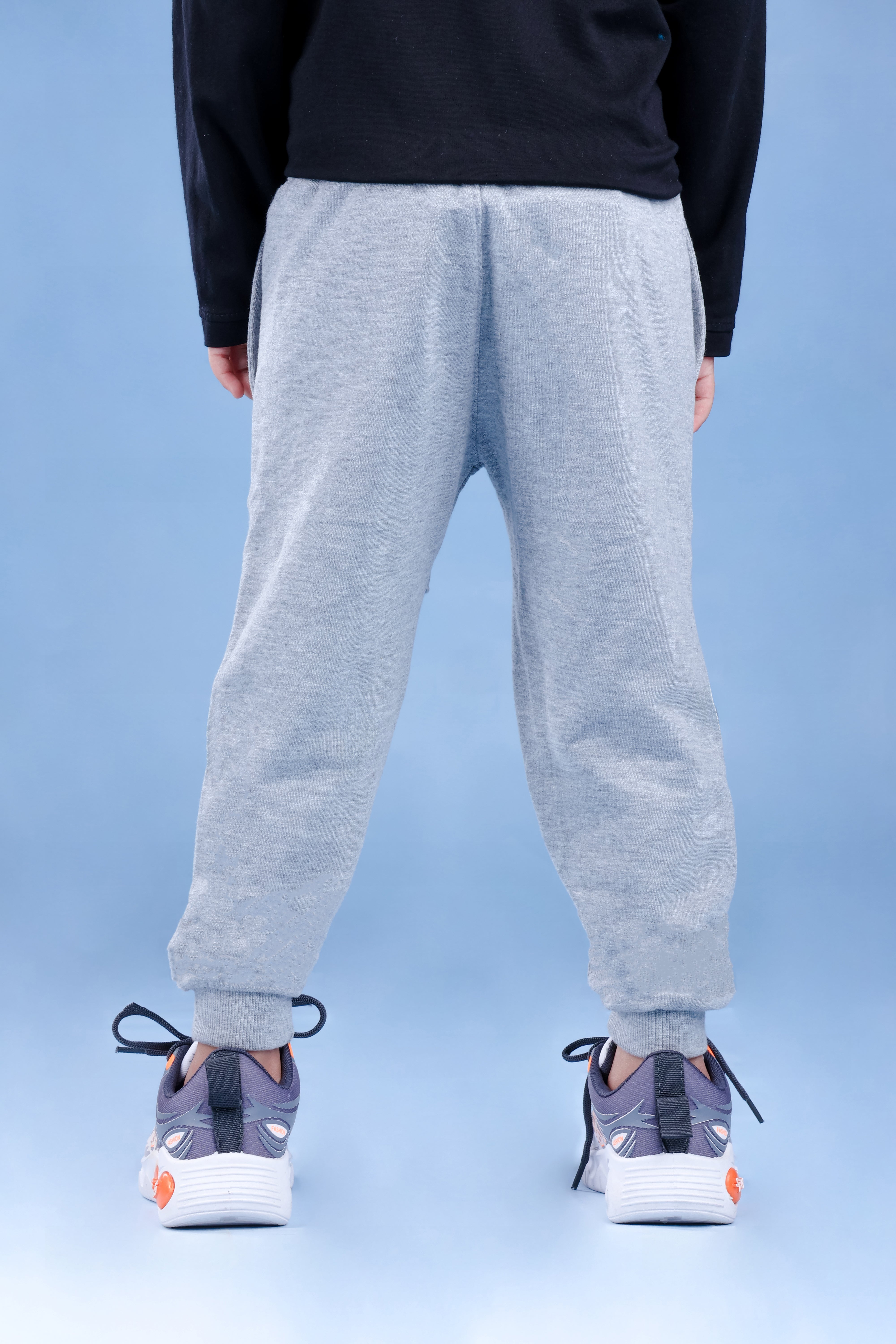 Cotton Loopknit Knee Smiley Joggers With Rib And Drawstring - Grey
