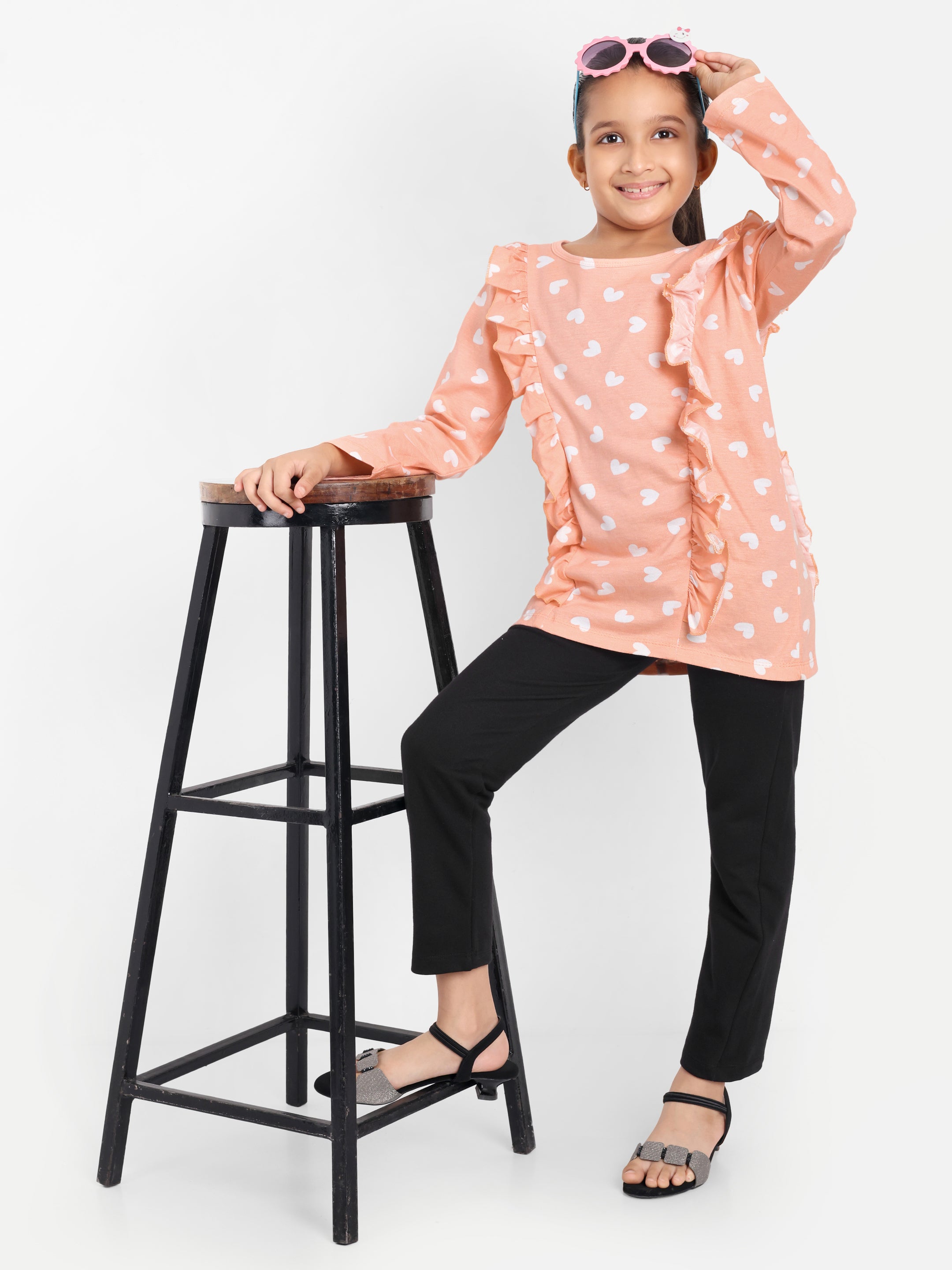 Cotton Knit Full Sleeves Hearts Printed Top with Frills and Lounge Pant