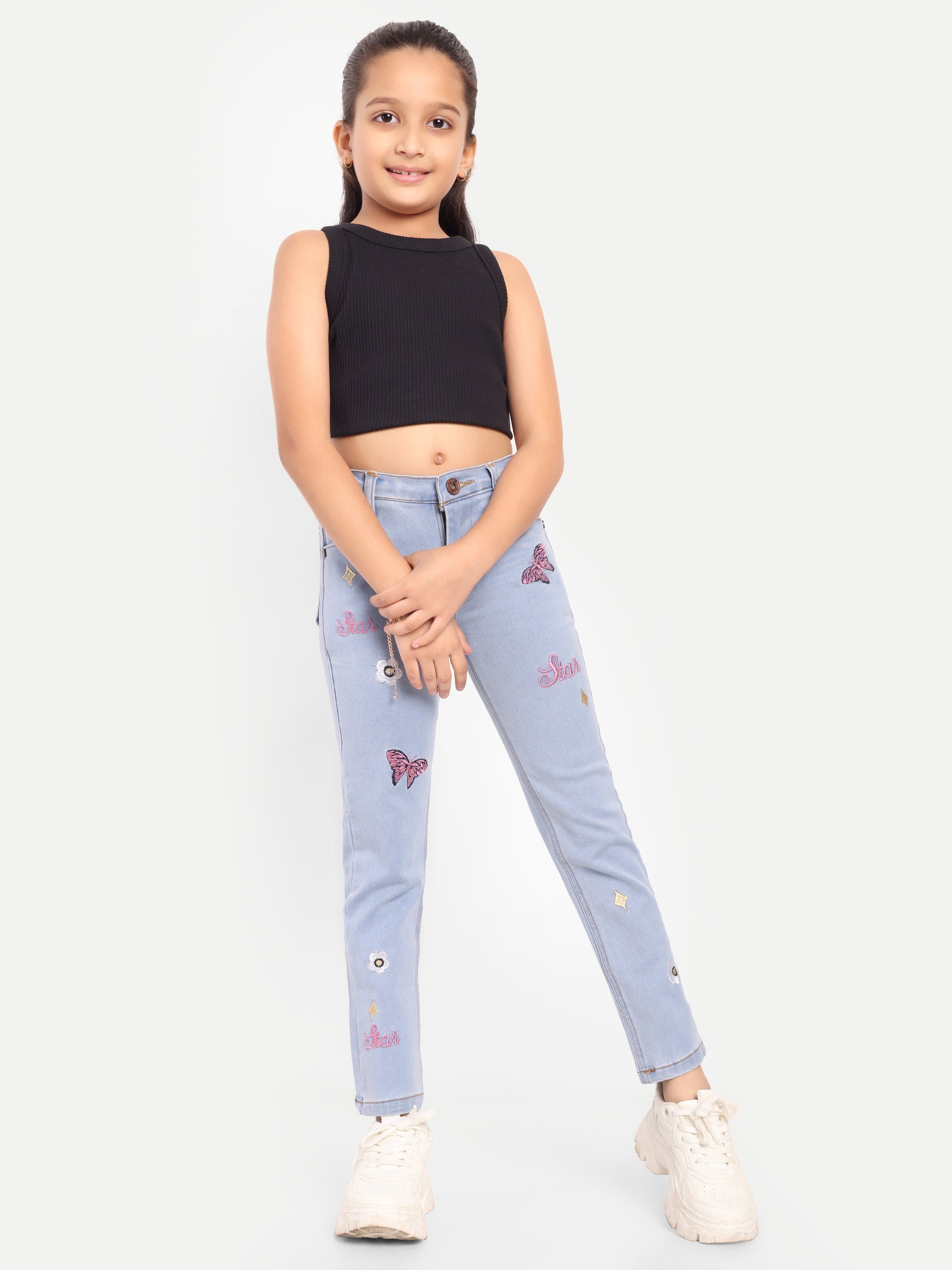 Stretchable Narrow Jeans with All Over Embroidery