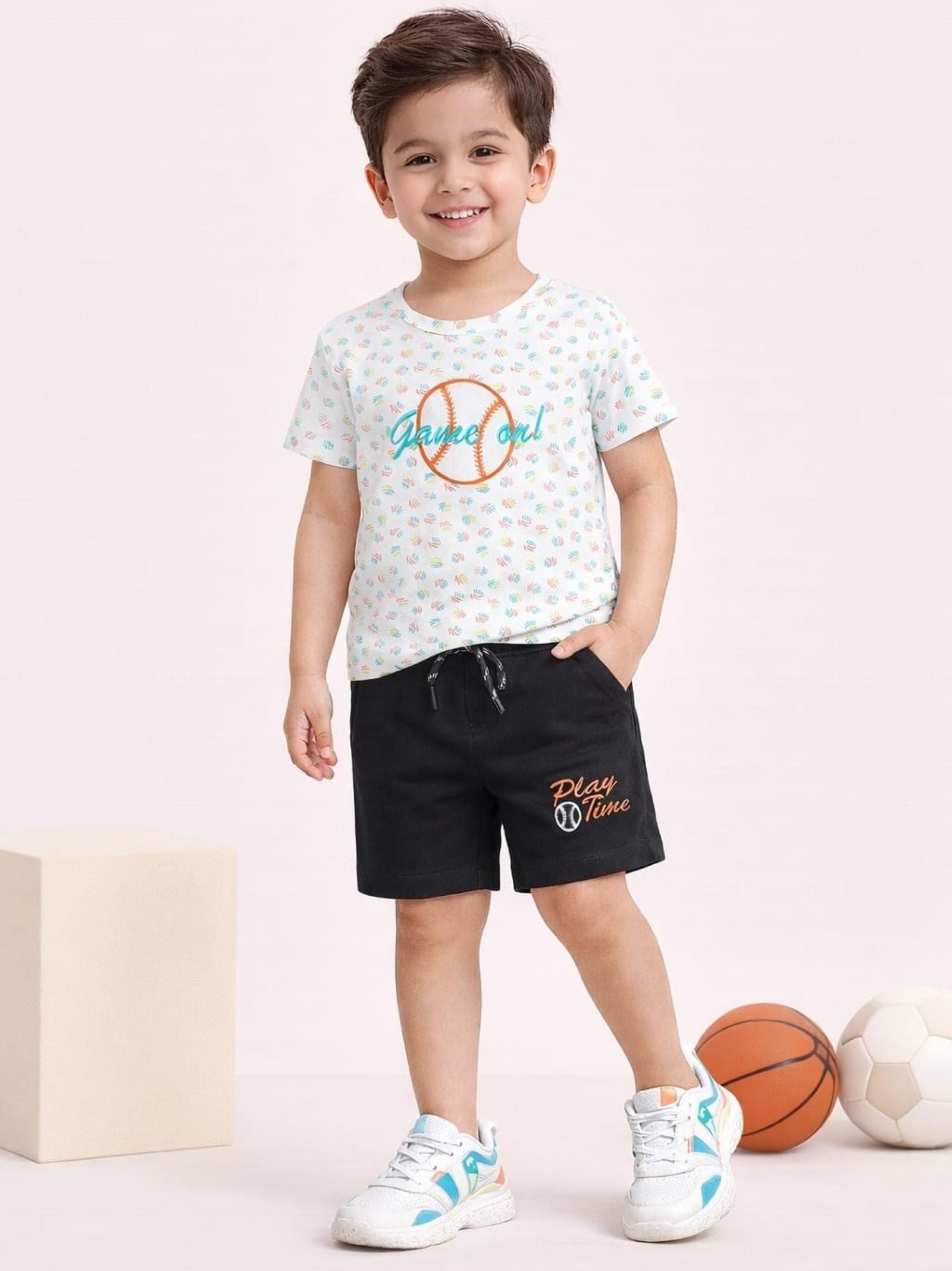 Cotton Lycra Knit Half Sleeves Embroidered Tee & Shorts Set - Multi Colour & Black