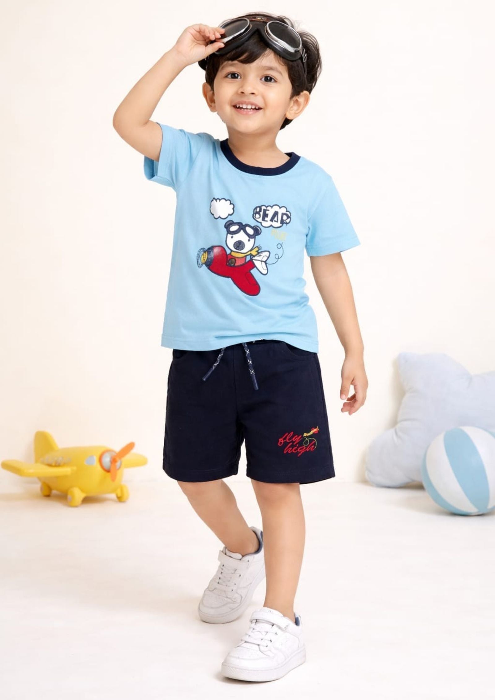 Cotton Jersey Knit Half Sleeves Embroidered Tee & Shorts Set - Sky Blue & Navy Blue
