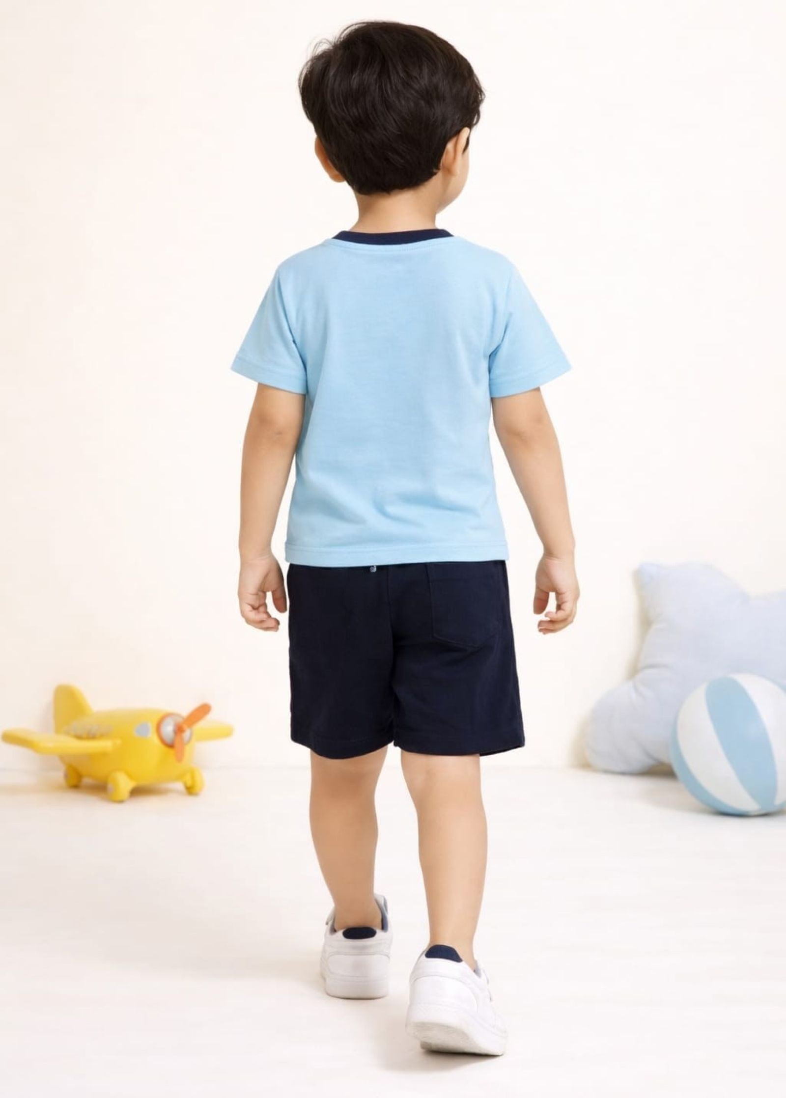 Cotton Jersey Knit Half Sleeves Embroidered Tee & Shorts Set - Sky Blue & Navy Blue
