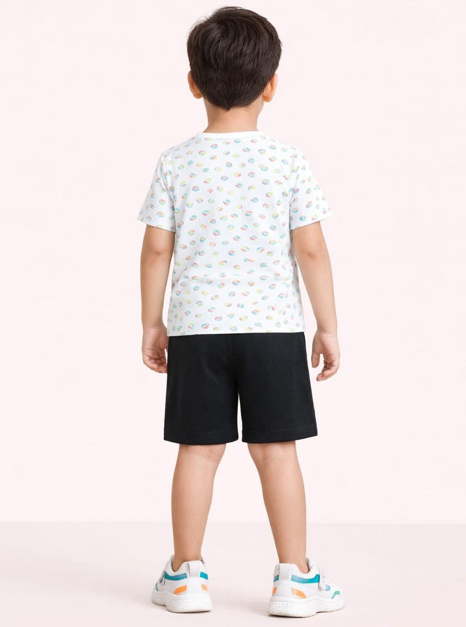Cotton Lycra Knit Half Sleeves Embroidered Tee & Shorts Set - Multi Colour & Black