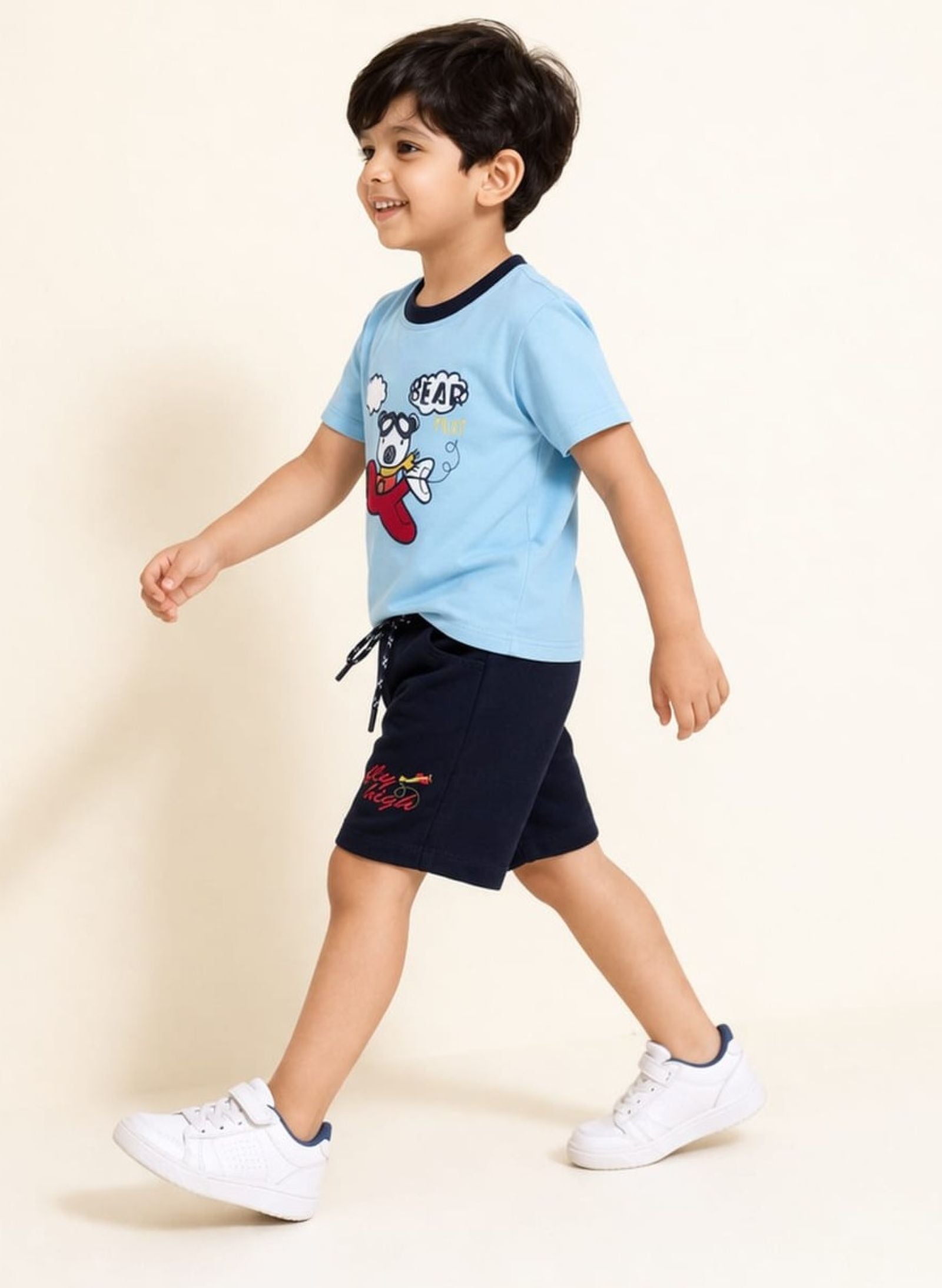 Cotton Jersey Knit Half Sleeves Embroidered Tee & Shorts Set - Sky Blue & Navy Blue