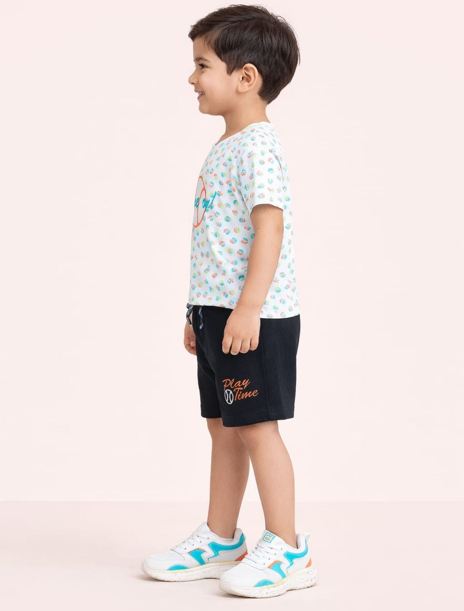 Cotton Lycra Knit Half Sleeves Embroidered Tee & Shorts Set - Multi Colour & Black