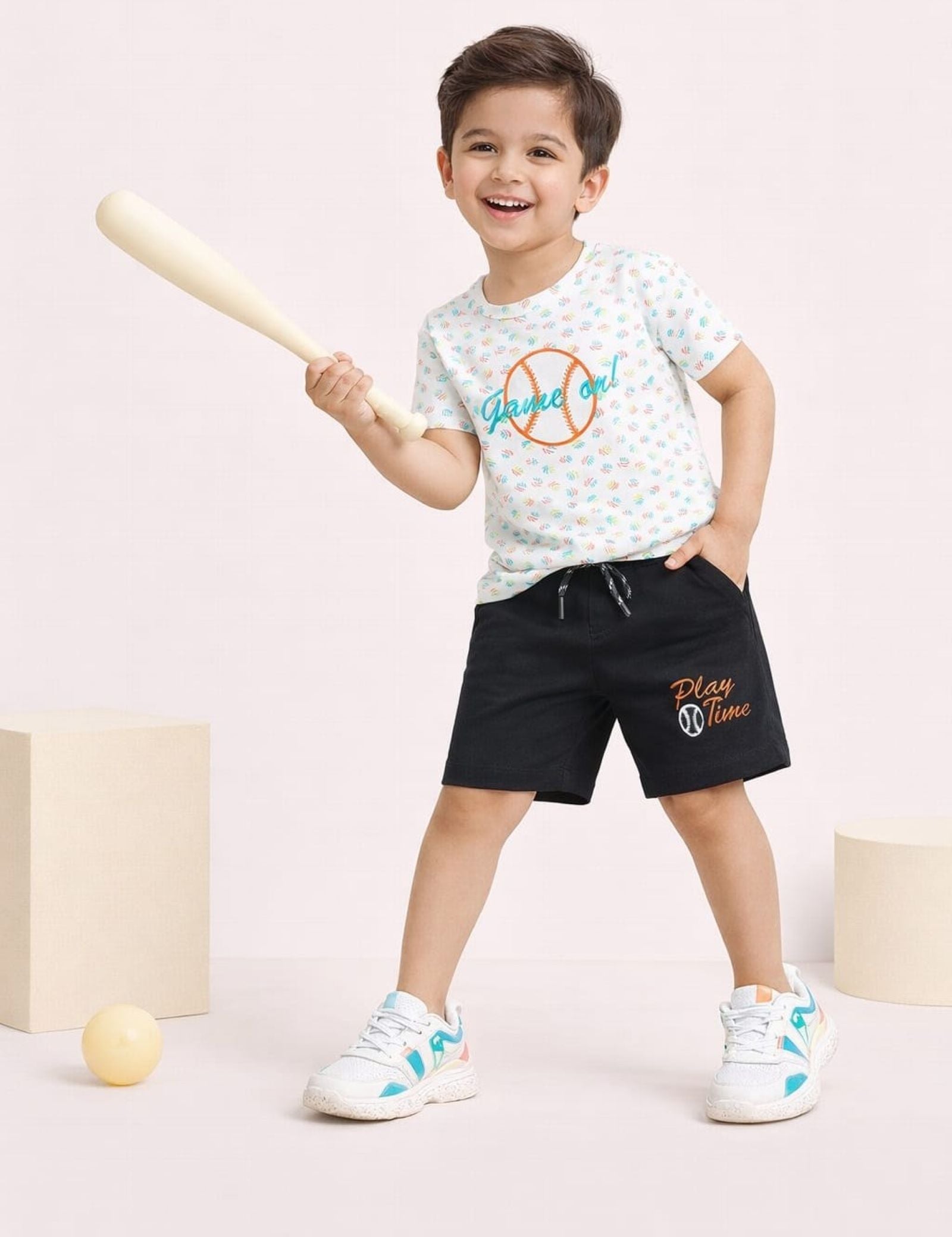 Cotton Lycra Knit Half Sleeves Embroidered Tee & Shorts Set - Multi Colour & Black