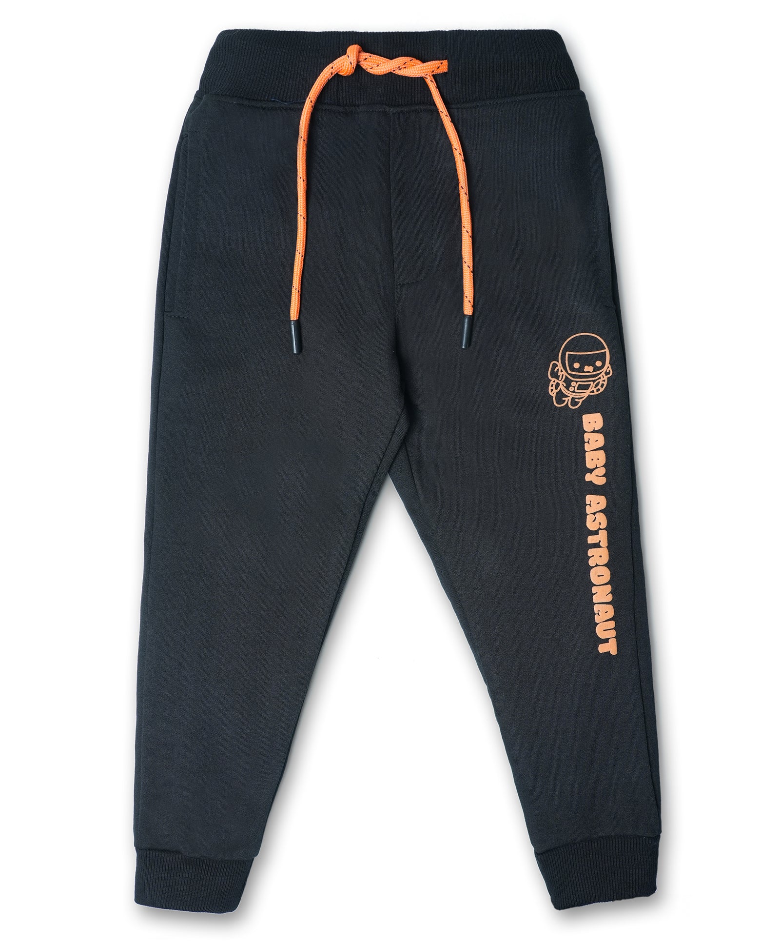 Cotton Looper Full Length Baby Astronaut Printed Joggers - Black OR