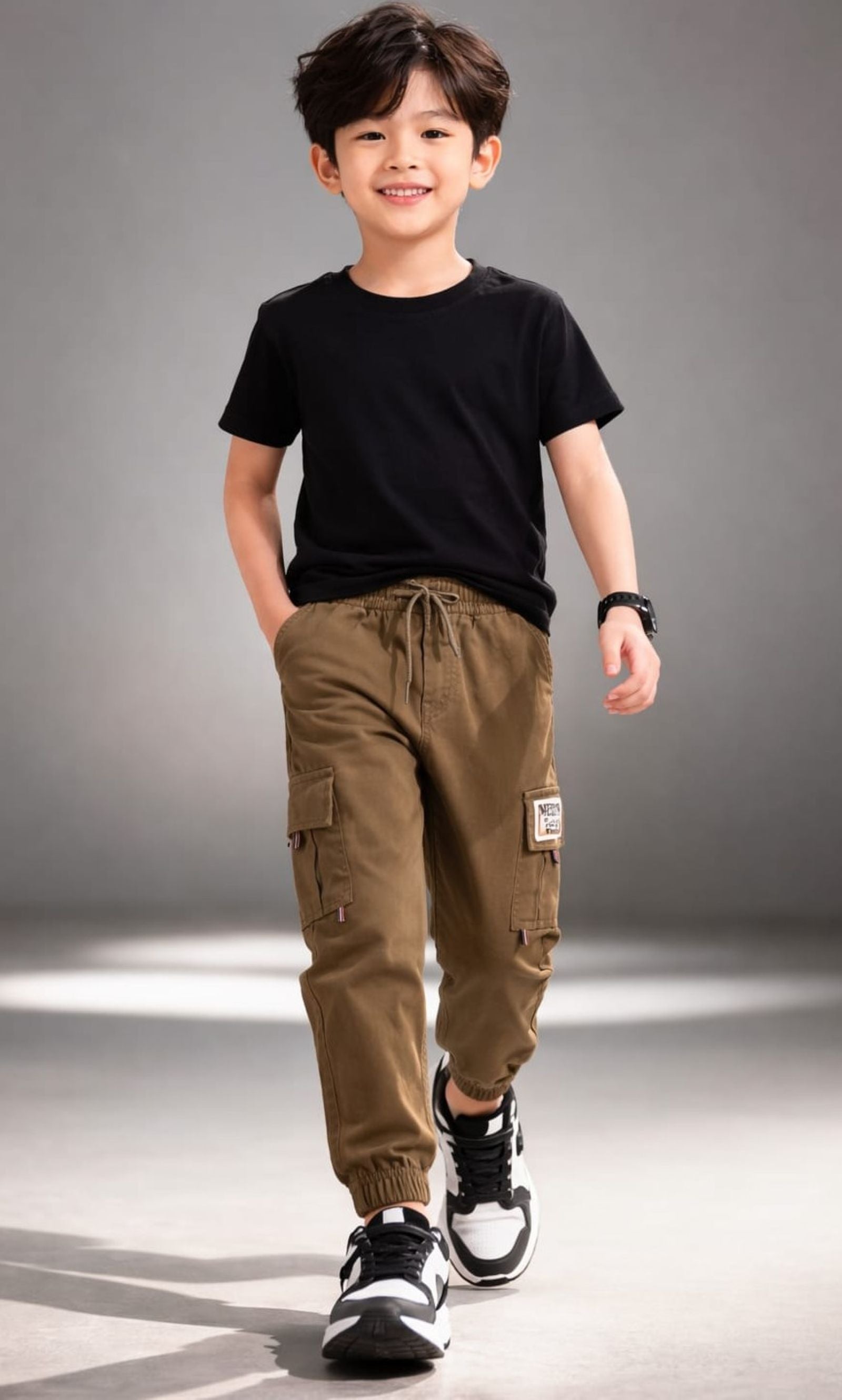 Cotton Woven Cargo Pants with Side Pockets - Brown