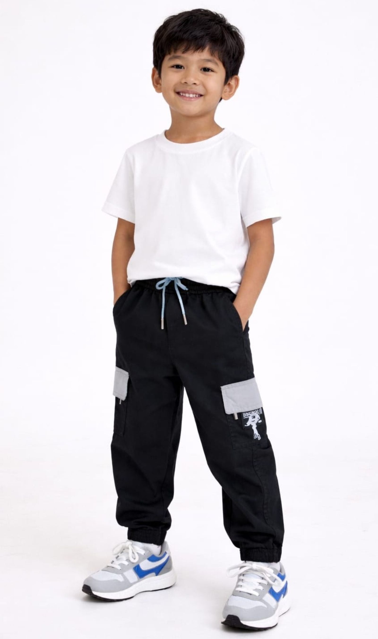 Cotton Woven Cargo Pants with Fancy Side Pockets - Black