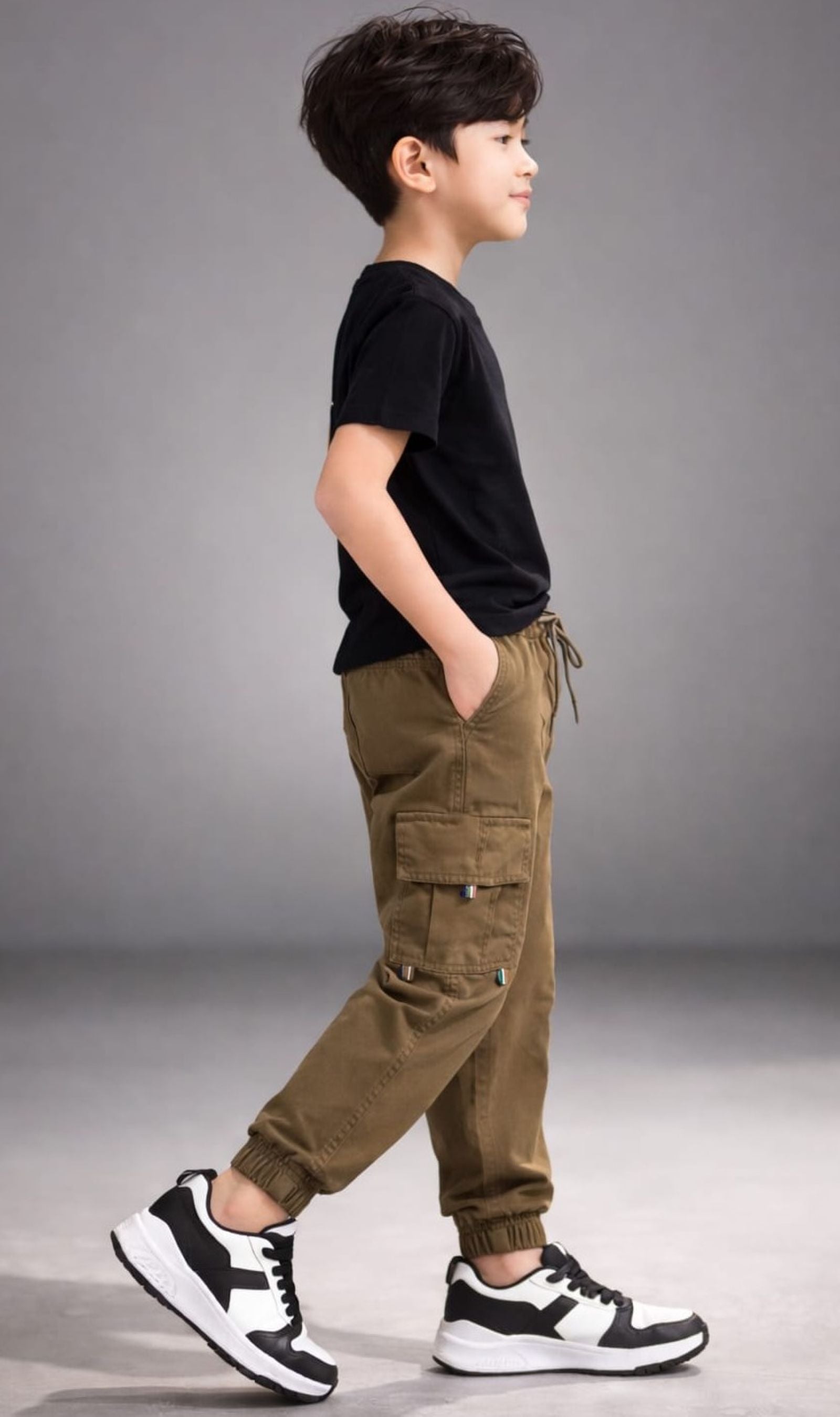 Cotton Woven Cargo Pants with Side Pockets - Brown