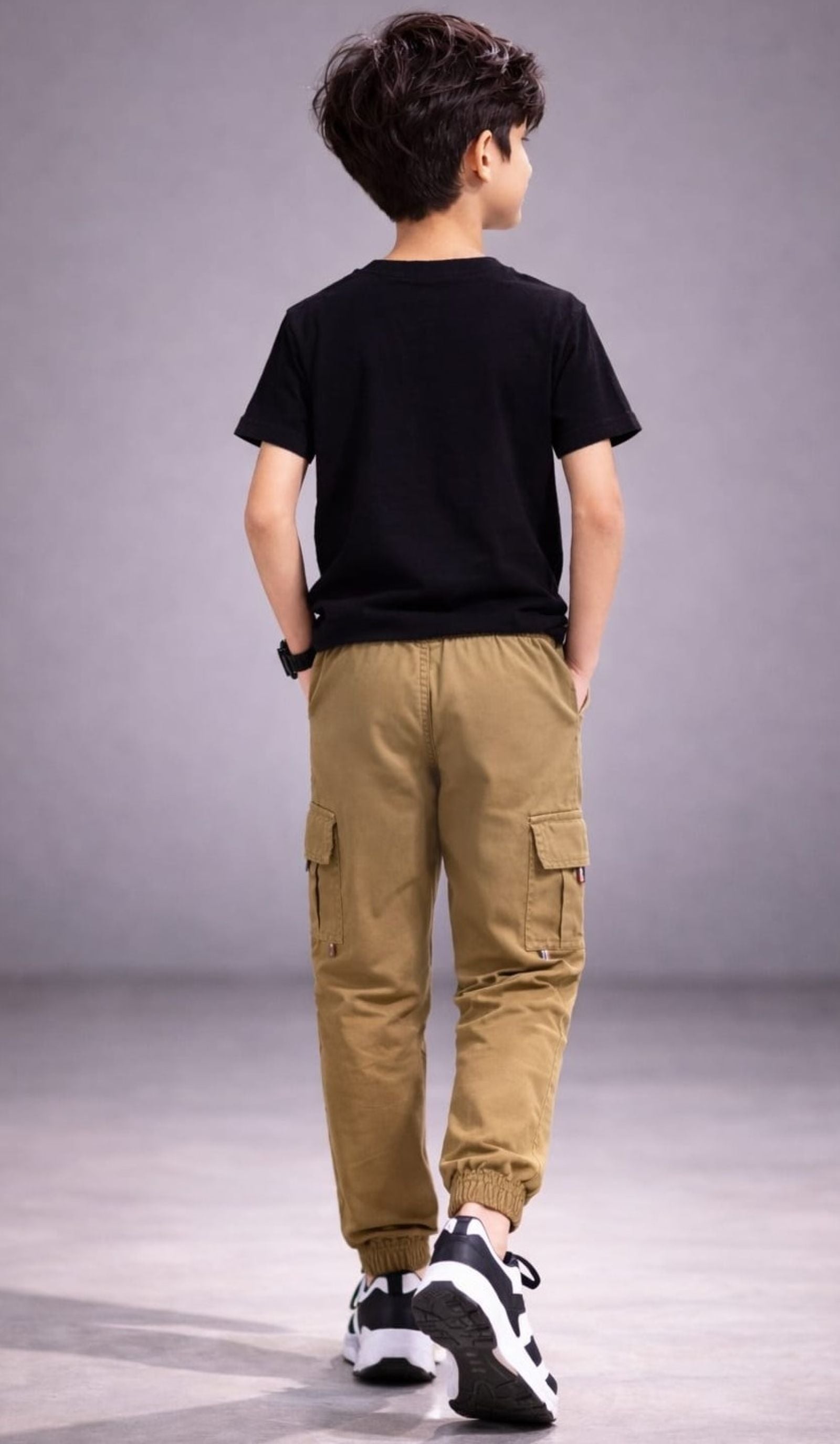 Cotton Woven Cargo Pants with Side Pockets - Brown