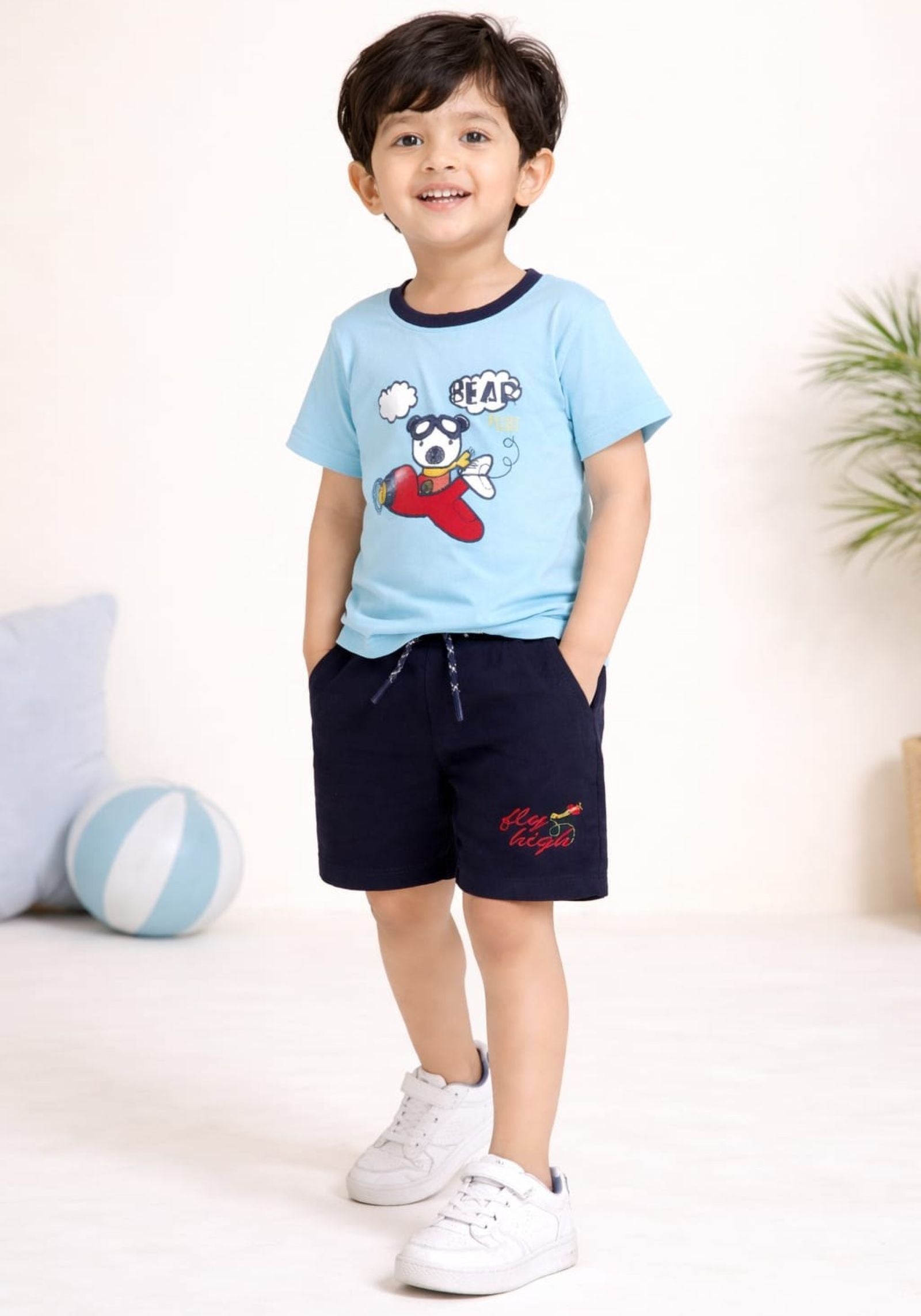 Cotton Jersey Knit Half Sleeves Embroidered Tee & Shorts Set - Sky Blue & Navy Blue
