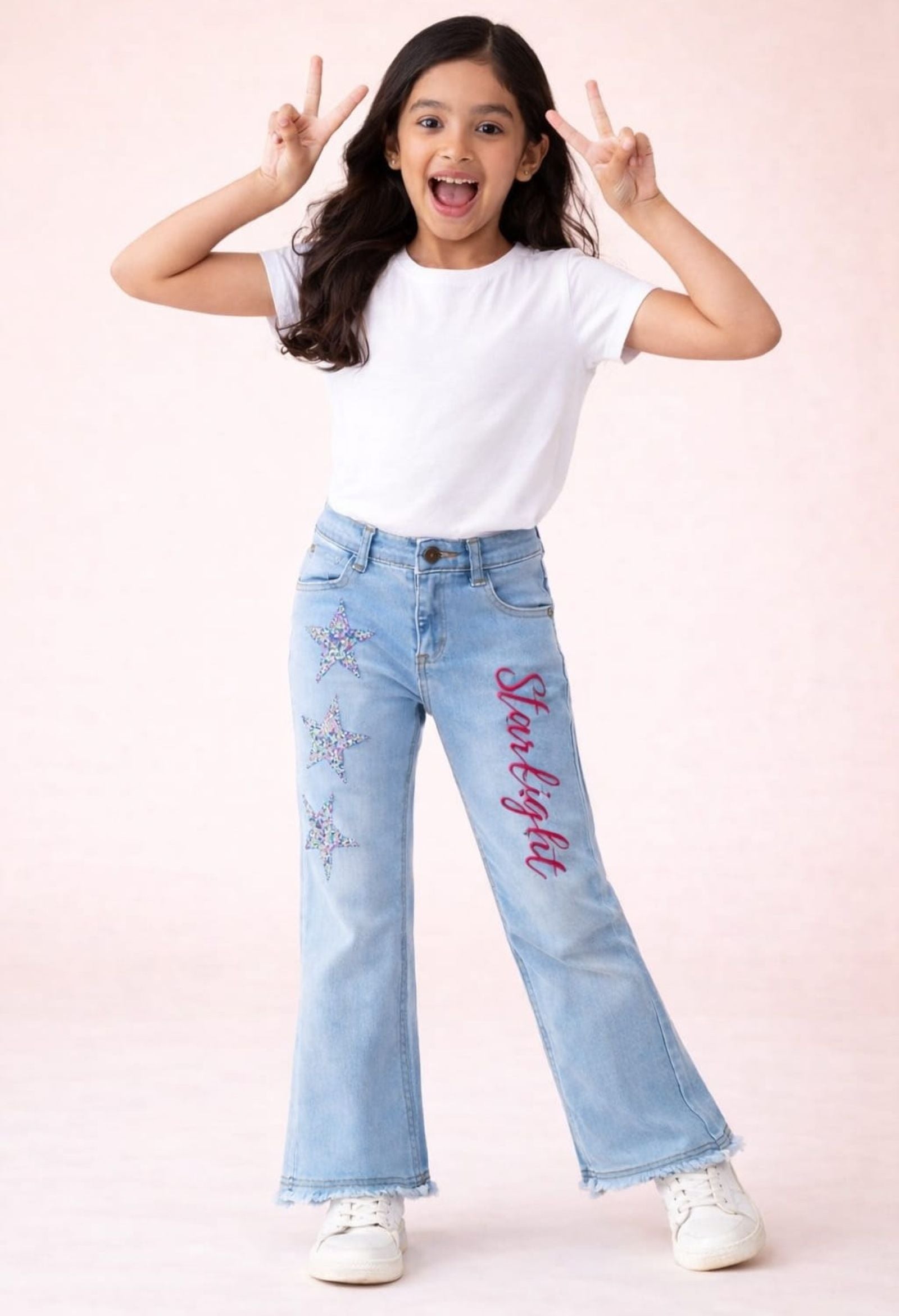 Stretchable Flared Jeans with Rhinestone Stars
