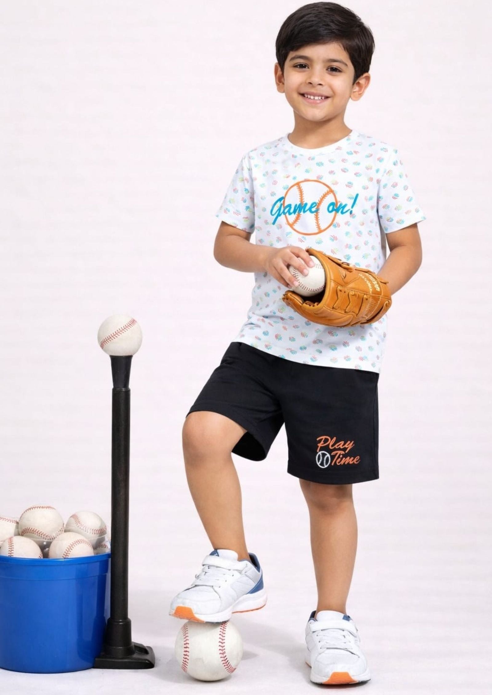 Cotton Lycra Knit Half Sleeves Embroidered Tee & Shorts Set - Multi Colour & Black