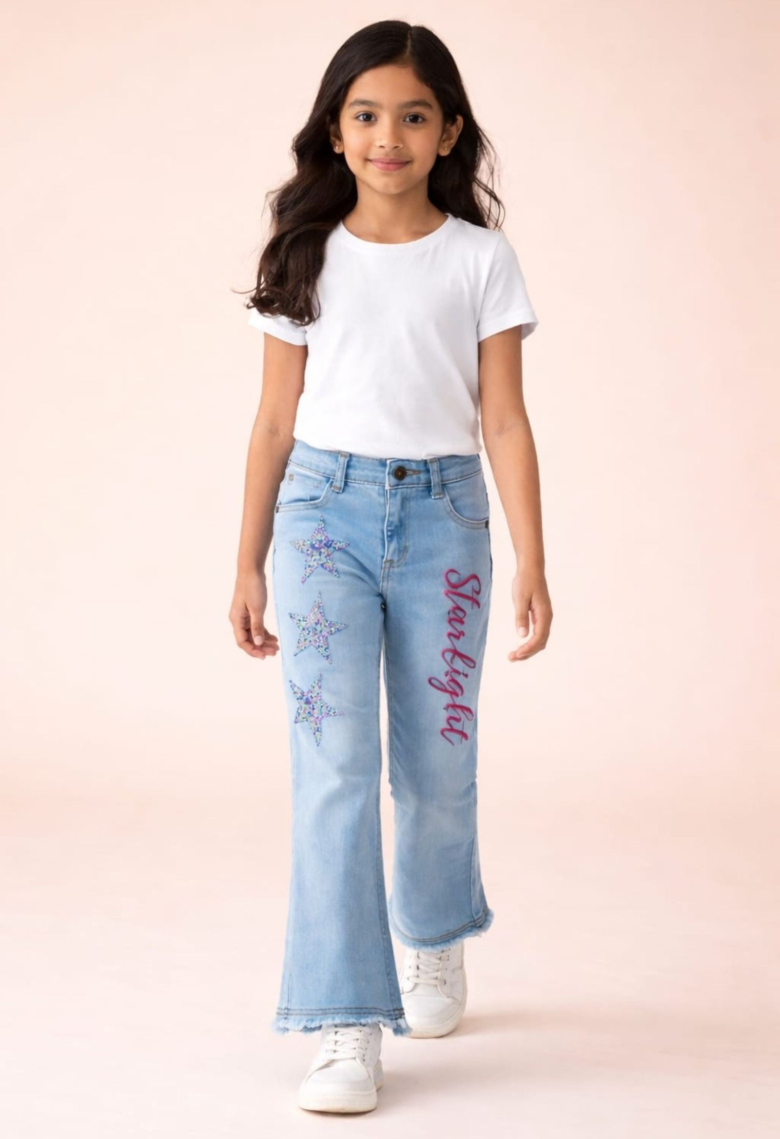 Stretchable Flared Jeans with Rhinestone Stars