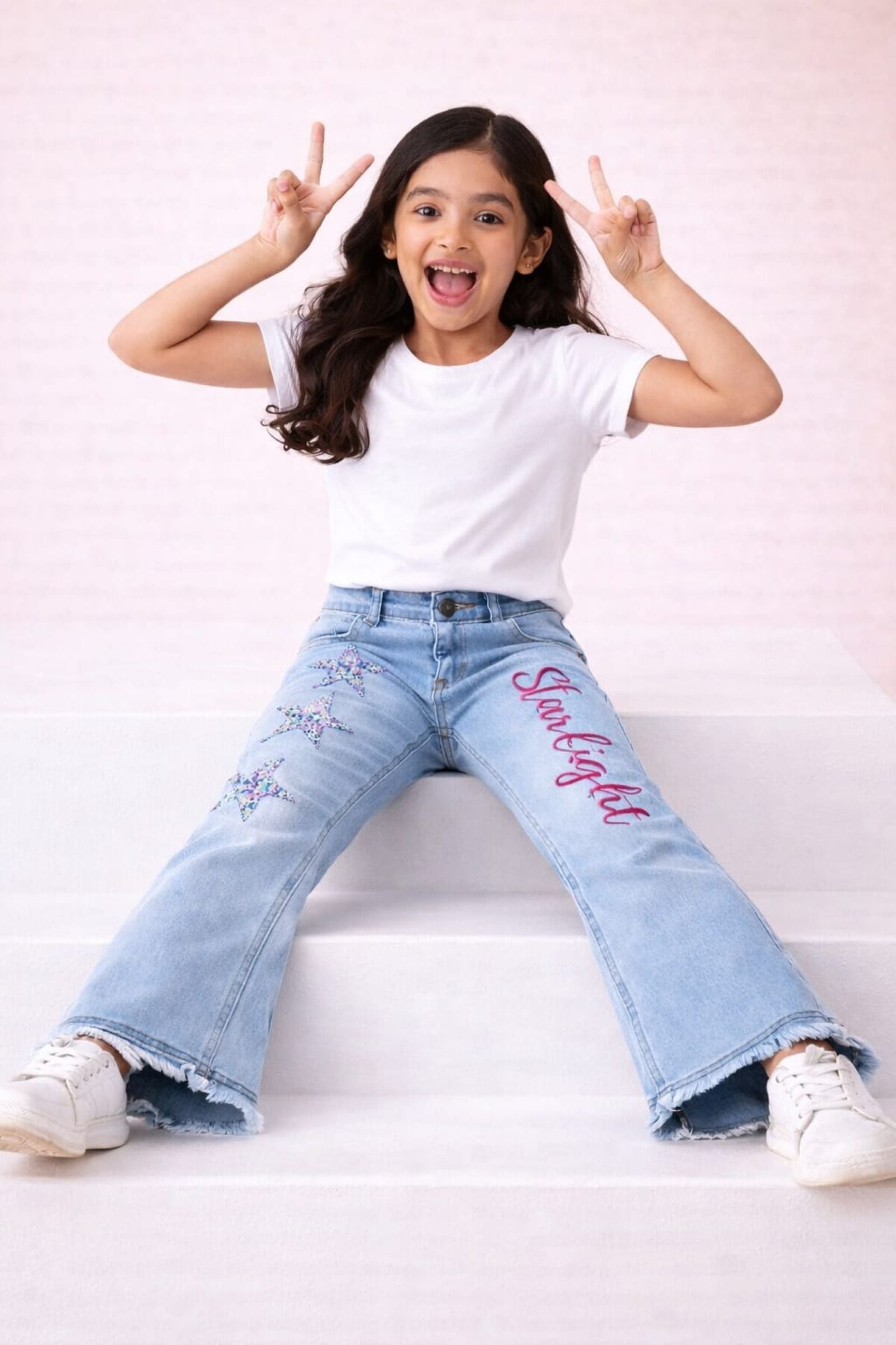 Stretchable Flared Jeans with Rhinestone Stars