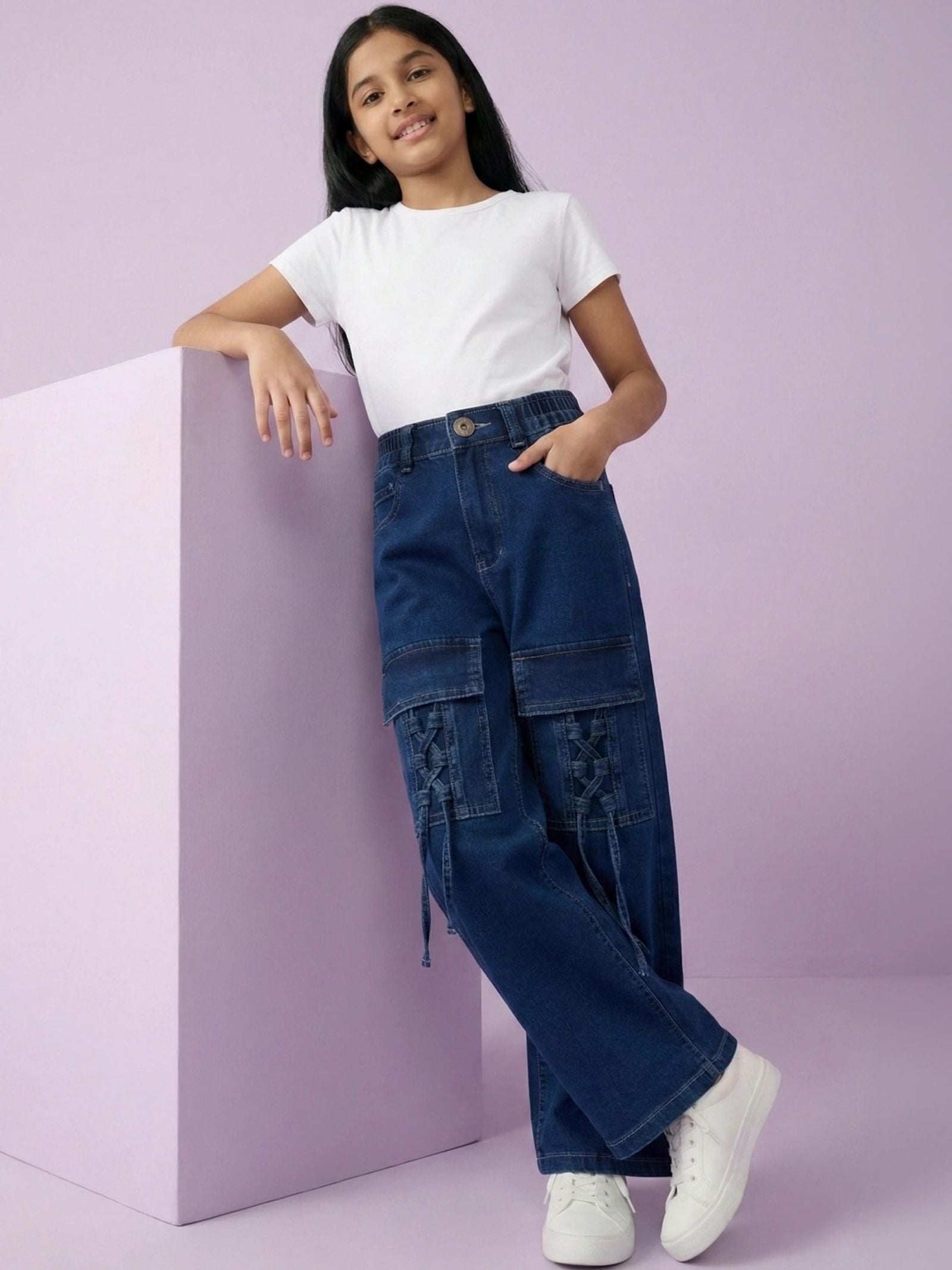 Cotton Denim Straight Fit Cargo Style Stretchable Jeans - Blue