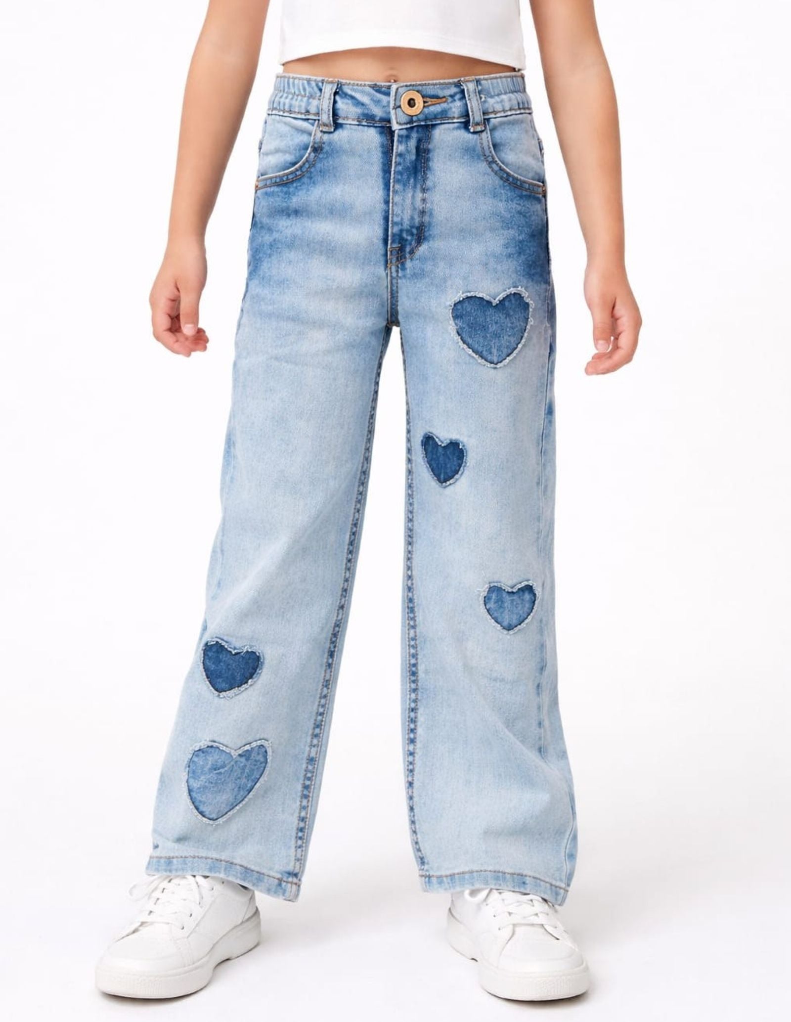 Cotton Denim Wide Leg Acid Wash Stretchable Jeans with Hearts - Light Blue