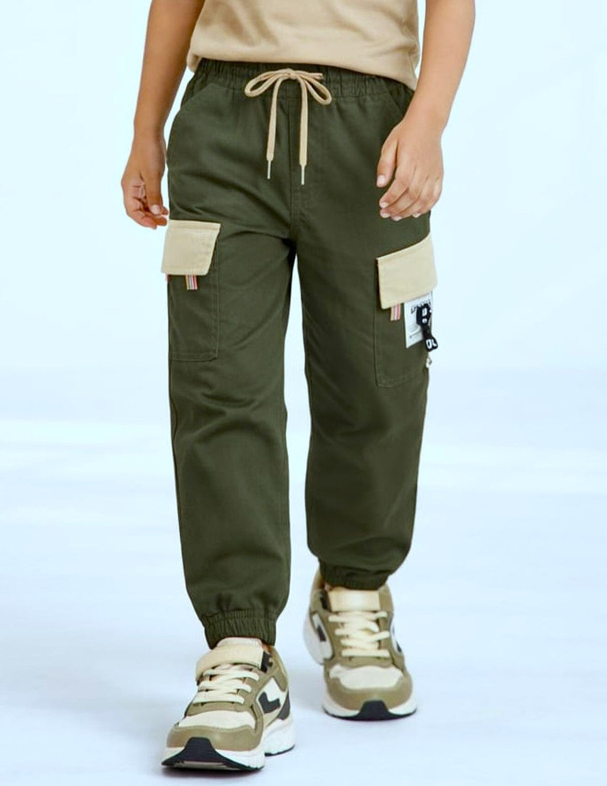 Cotton Woven Cargo Pants with Fancy Side Pockets - Military Green