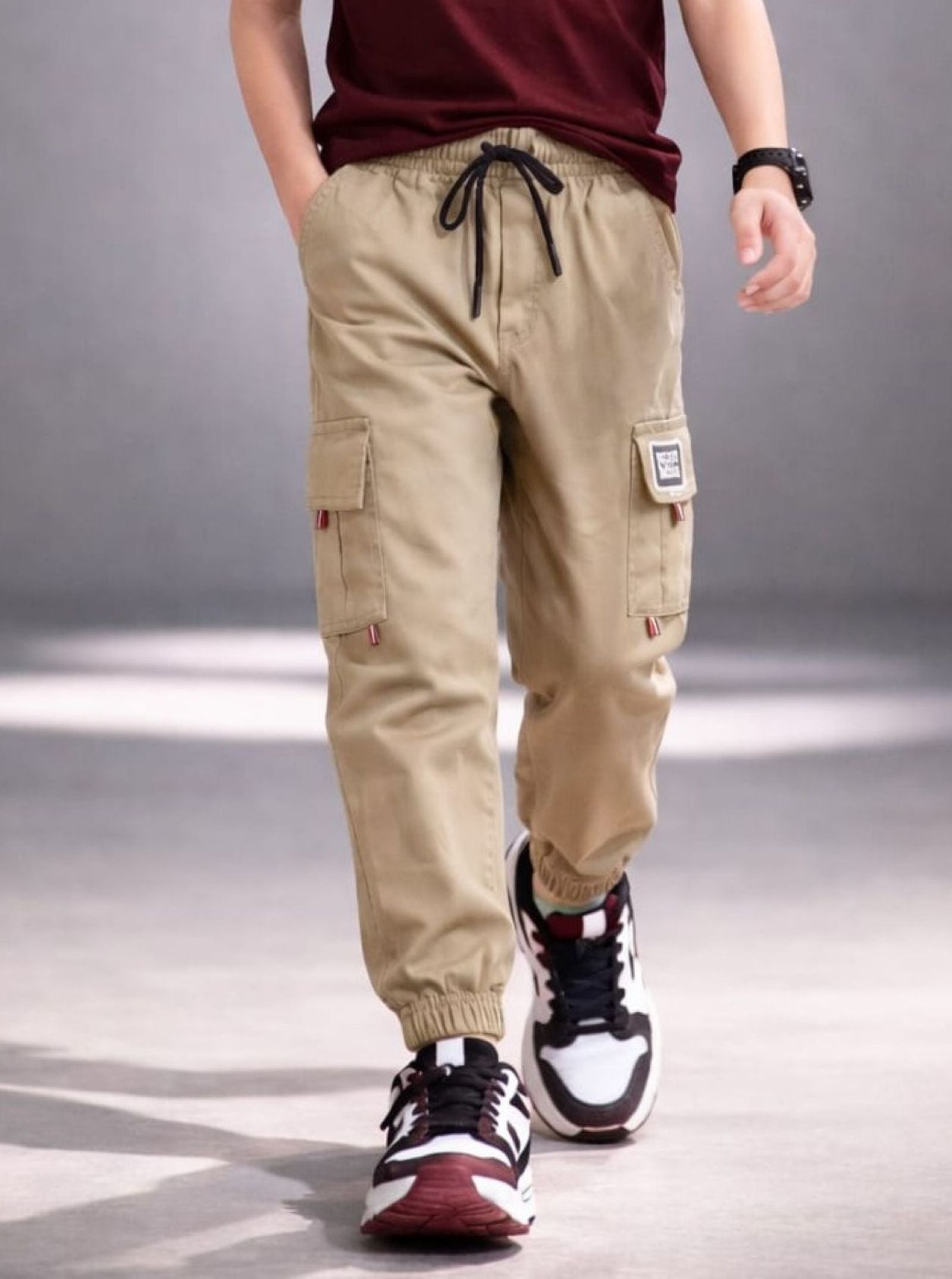 Cotton Woven Cargo Pants with Side Pockets - Khaki