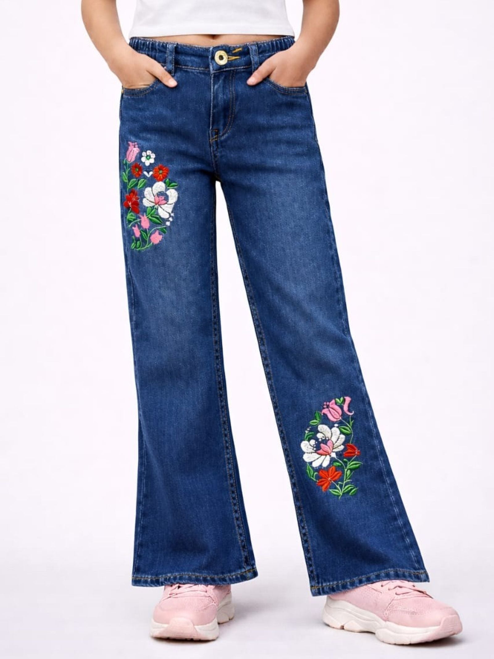 Cotton Denim Straight Fit Acid Wash Stretchable Jeans with Floral Embroidery - Medium Blue