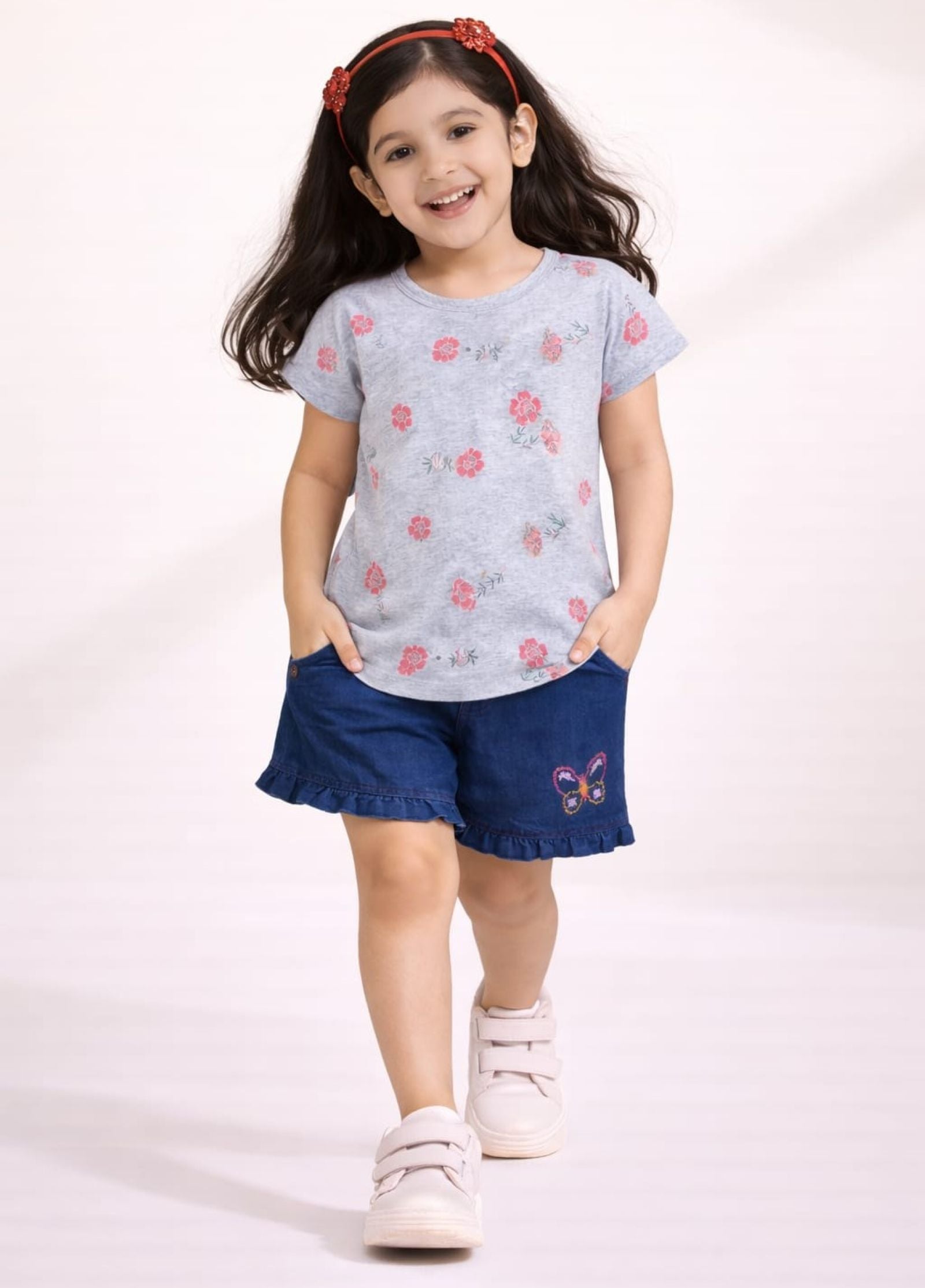 Girls Flower Printed Tee with Embroidered Denim Shorts