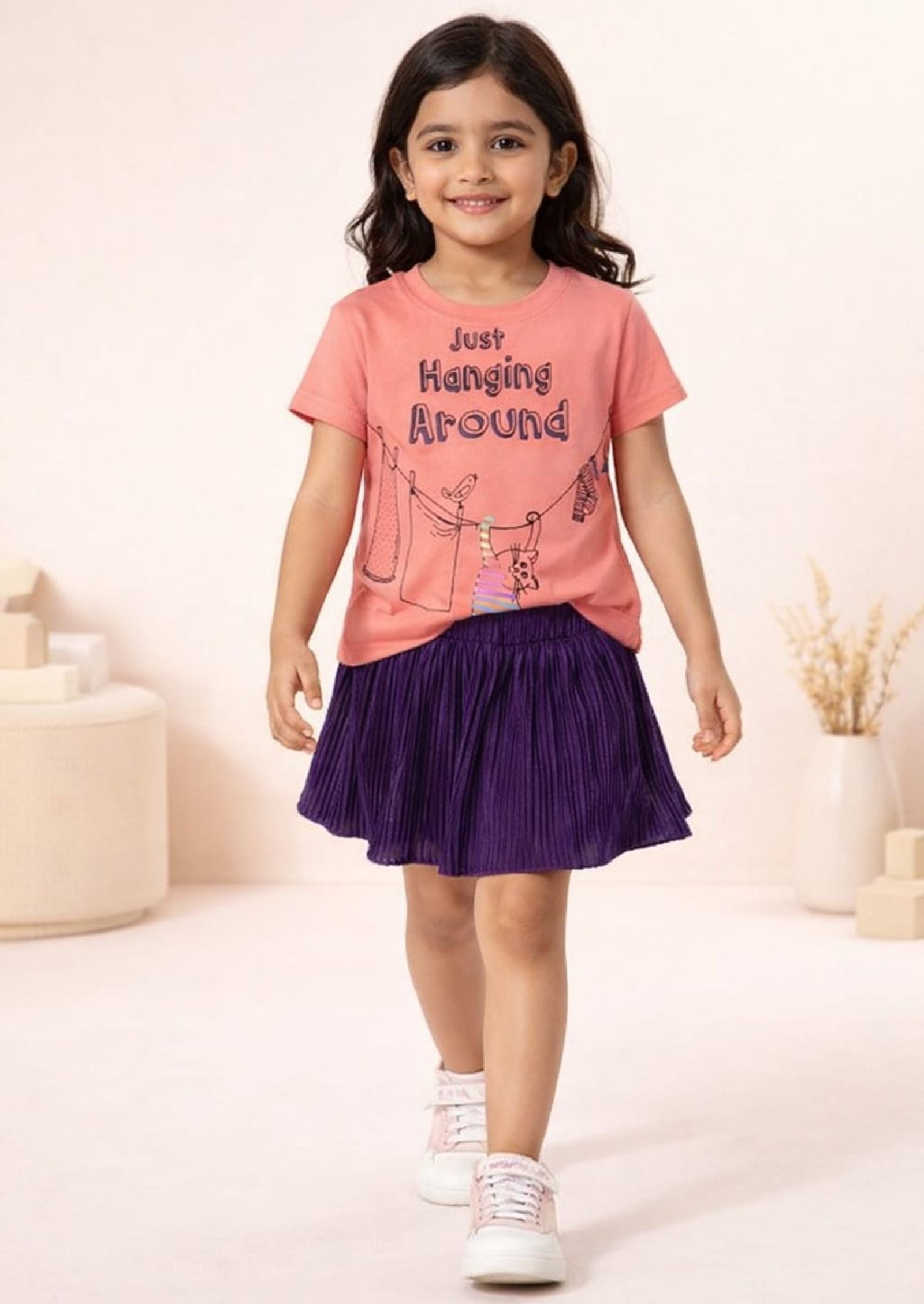 Girls Foil Printed Tee with Pleated Skirt