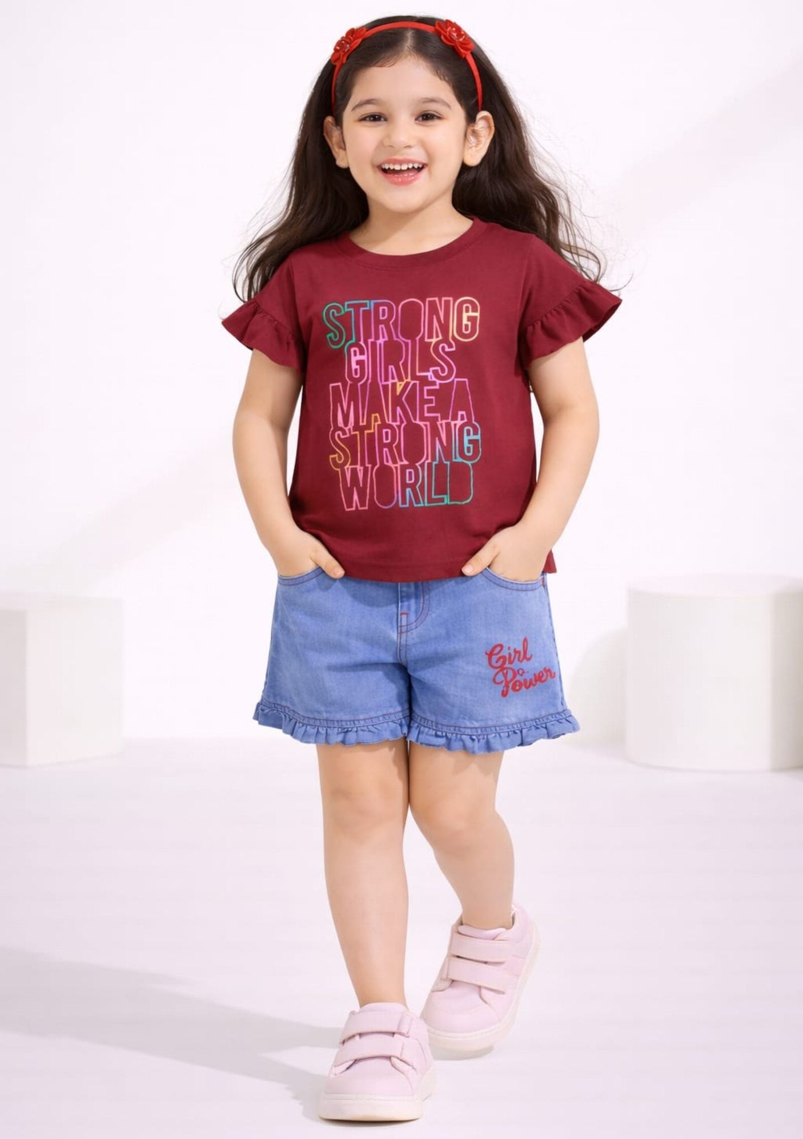 Girls Strong Girl Printed Tee with Embroidered Denim Shorts