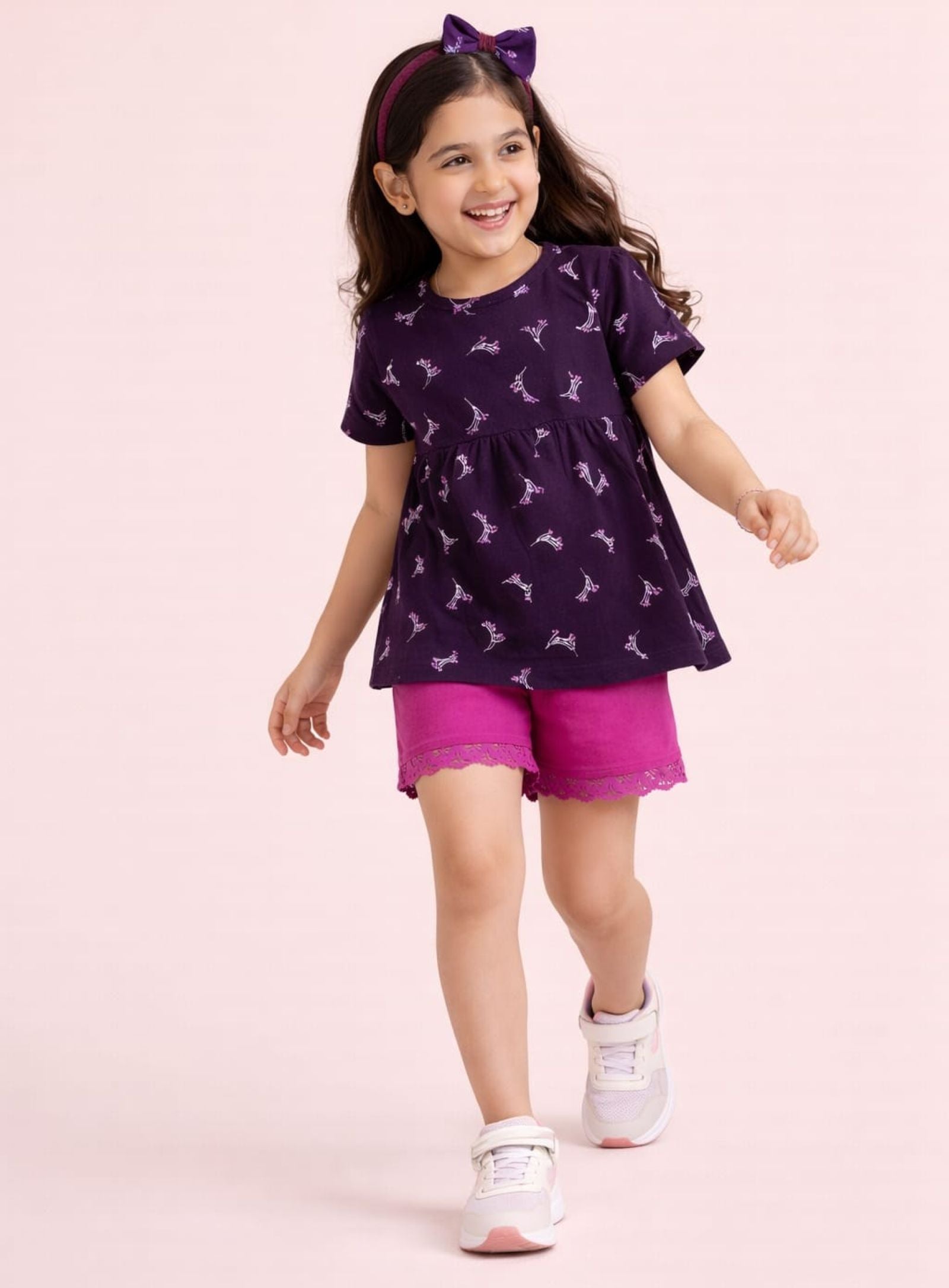 Girls Cherry Printed Peplum Top with Shorts and Hairband