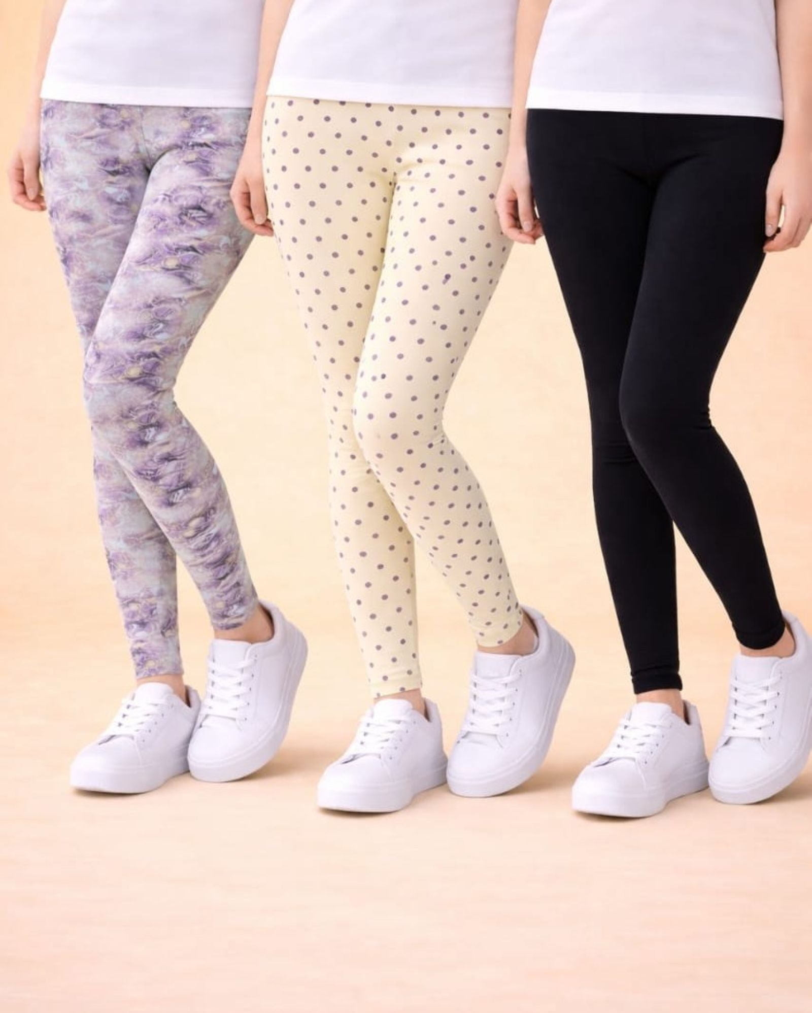 Cotton Lycra Knit Full Length Leggings Pack of 3 - Marble,Cream,Black