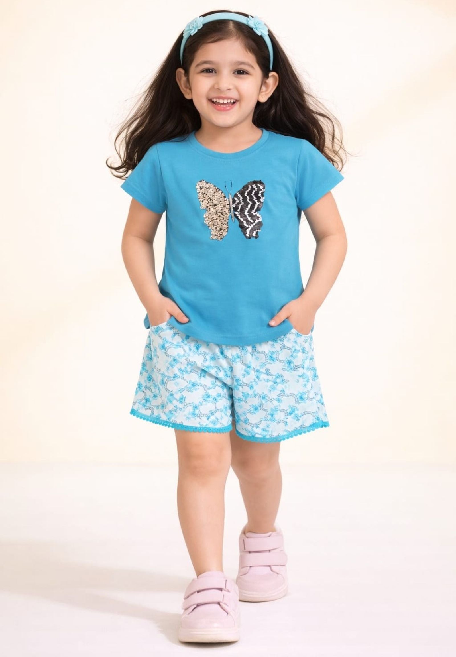 Girls Sequin Butterfly Tee with PomPom Lace Shorts