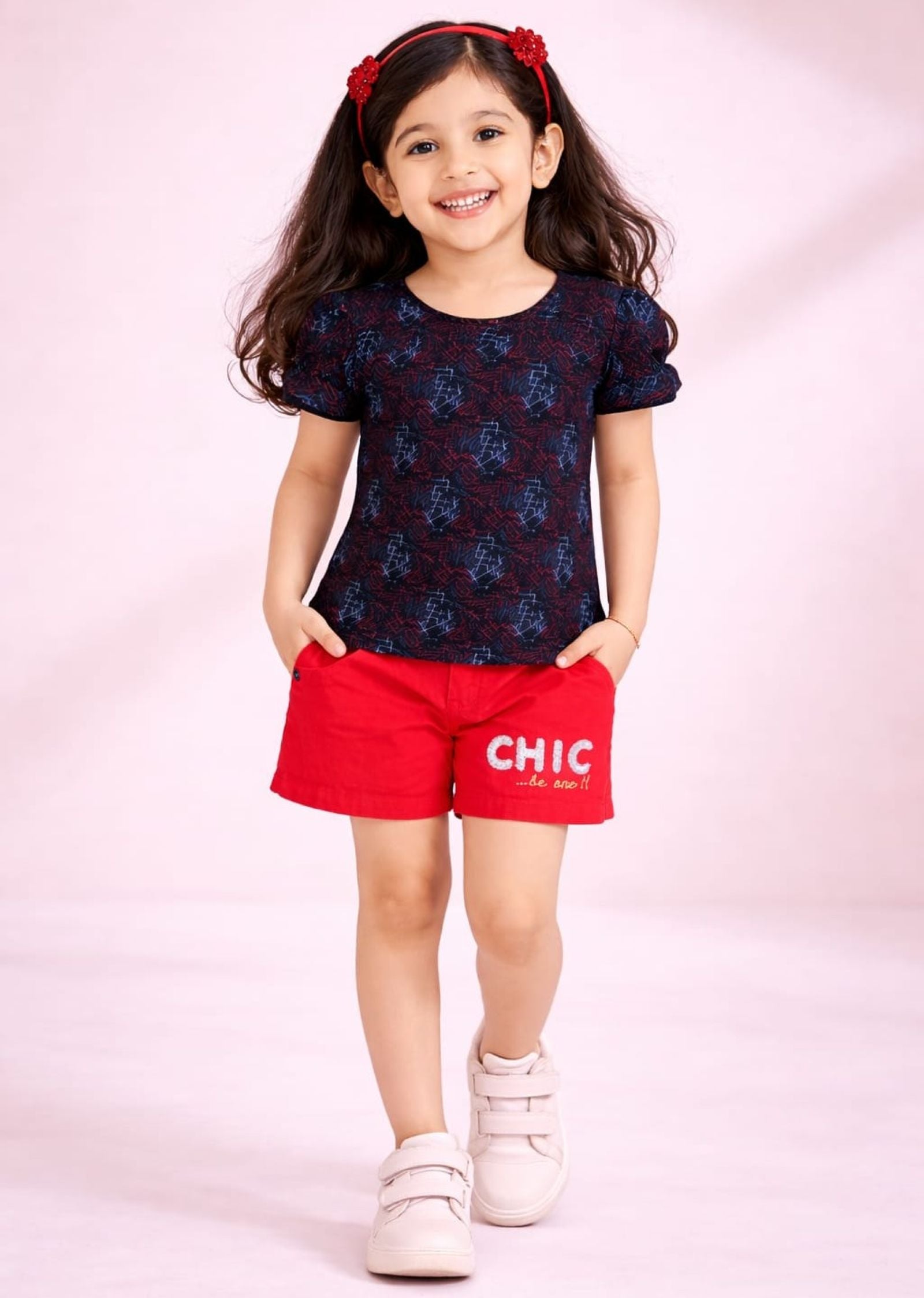 Girls Abstract Printed Tee with Embroidered Twill Shorts