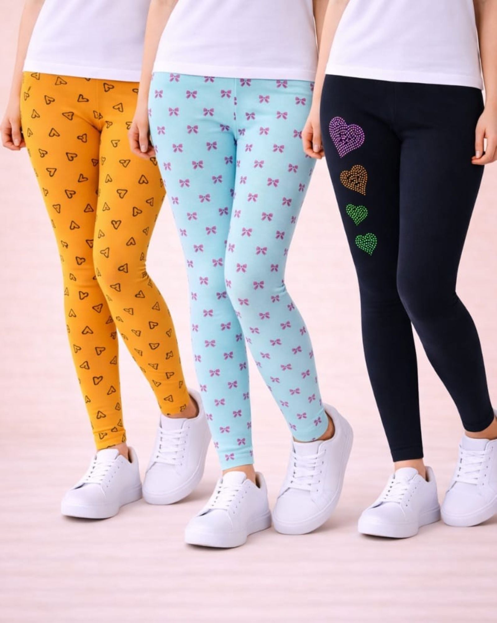 Cotton Lycra Knit Full Length Leggings Pack of 3 - Orange,S.Green,Black