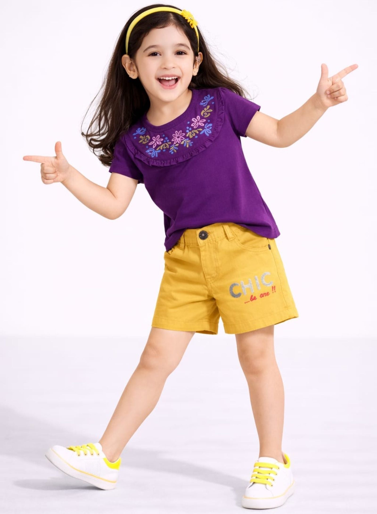 Girls Yoke Embroidered Tee with Embroidered Twill Shorts
