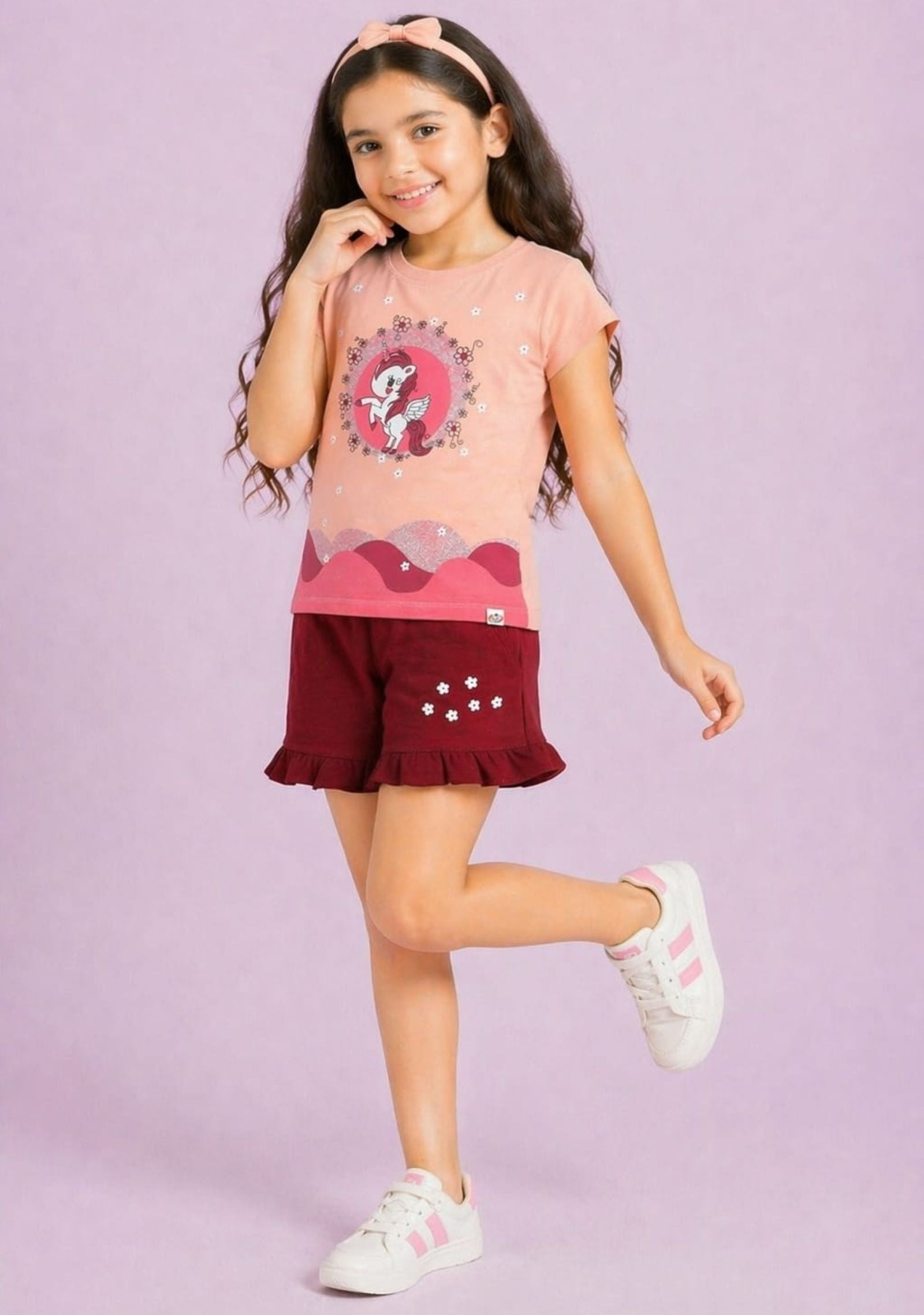 Girls Glitter Printed Tee with Frilled Shorts P.
