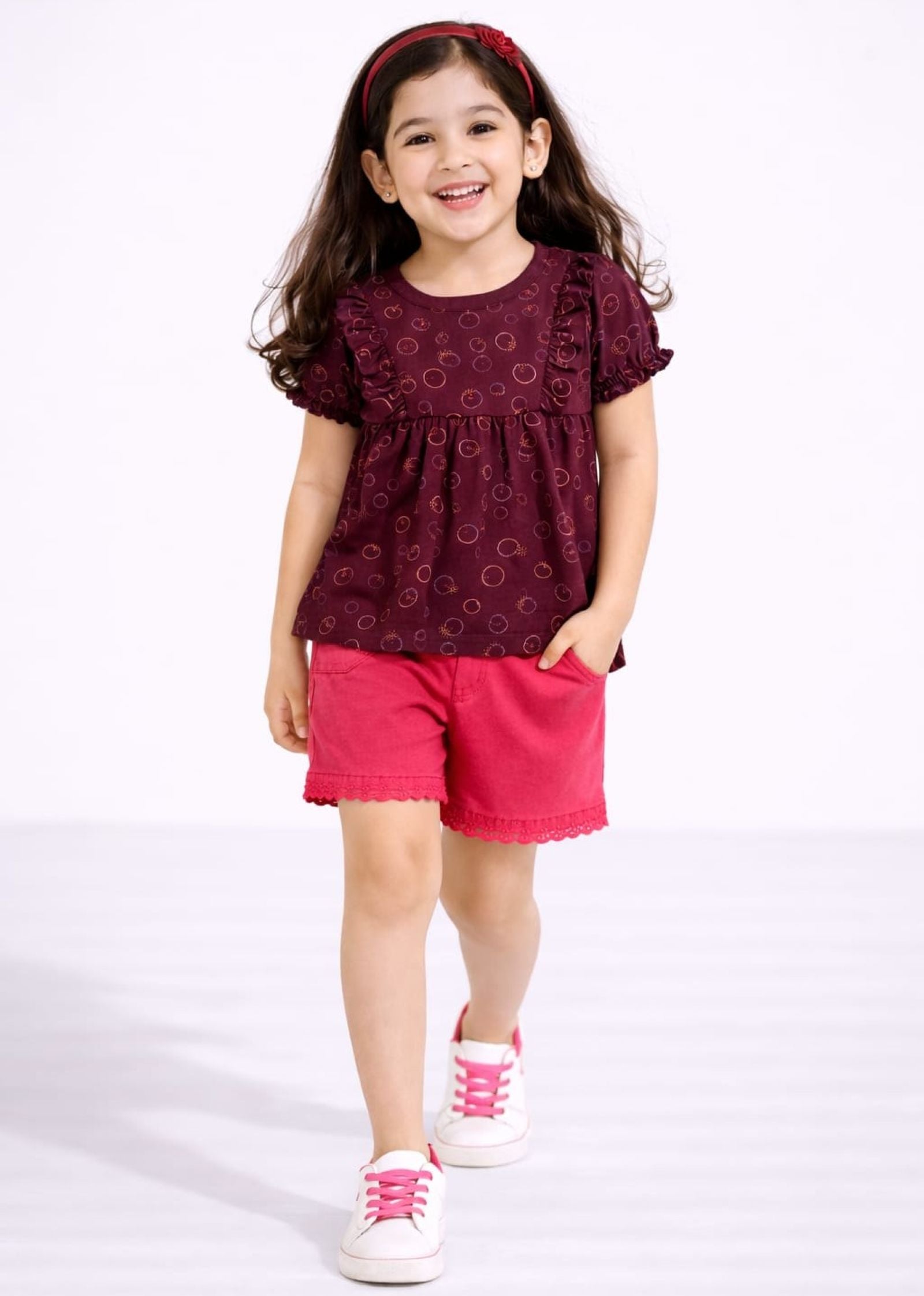 Girls Printed Peplum Top with Lace Detailed Shorts