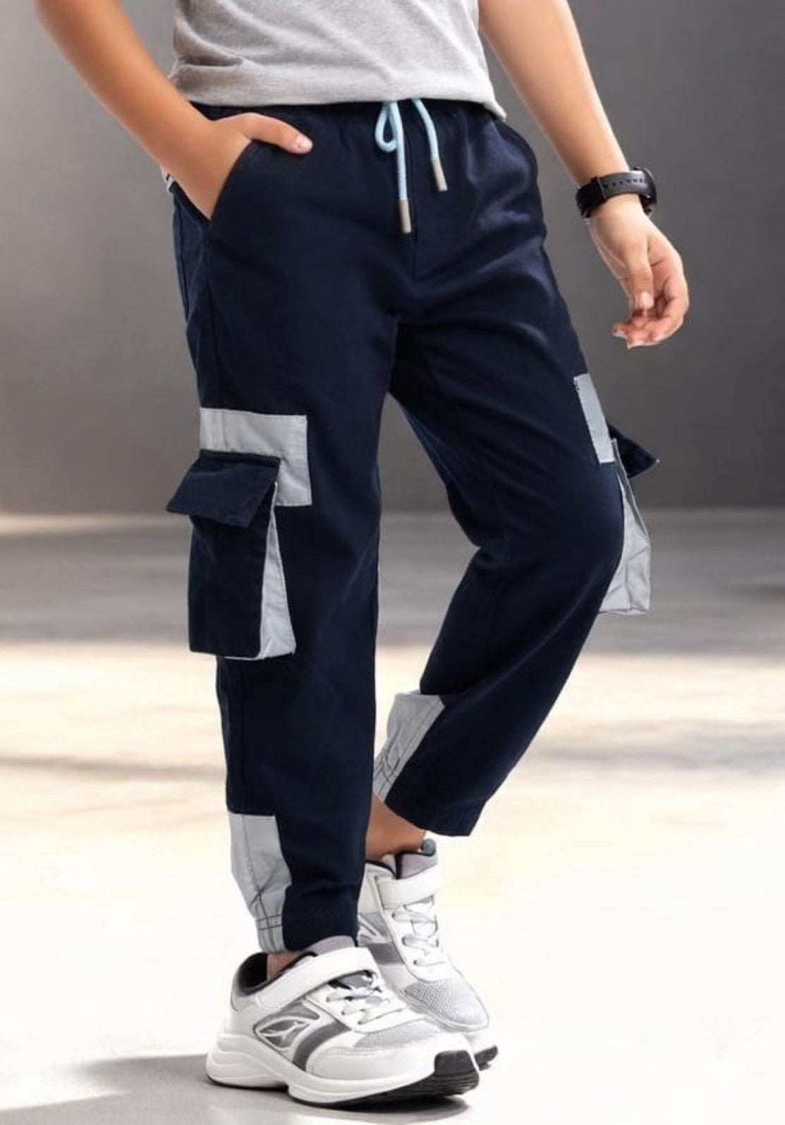 Cotton Woven Cargo Pants with Fancy Box Pockets - Navyblue